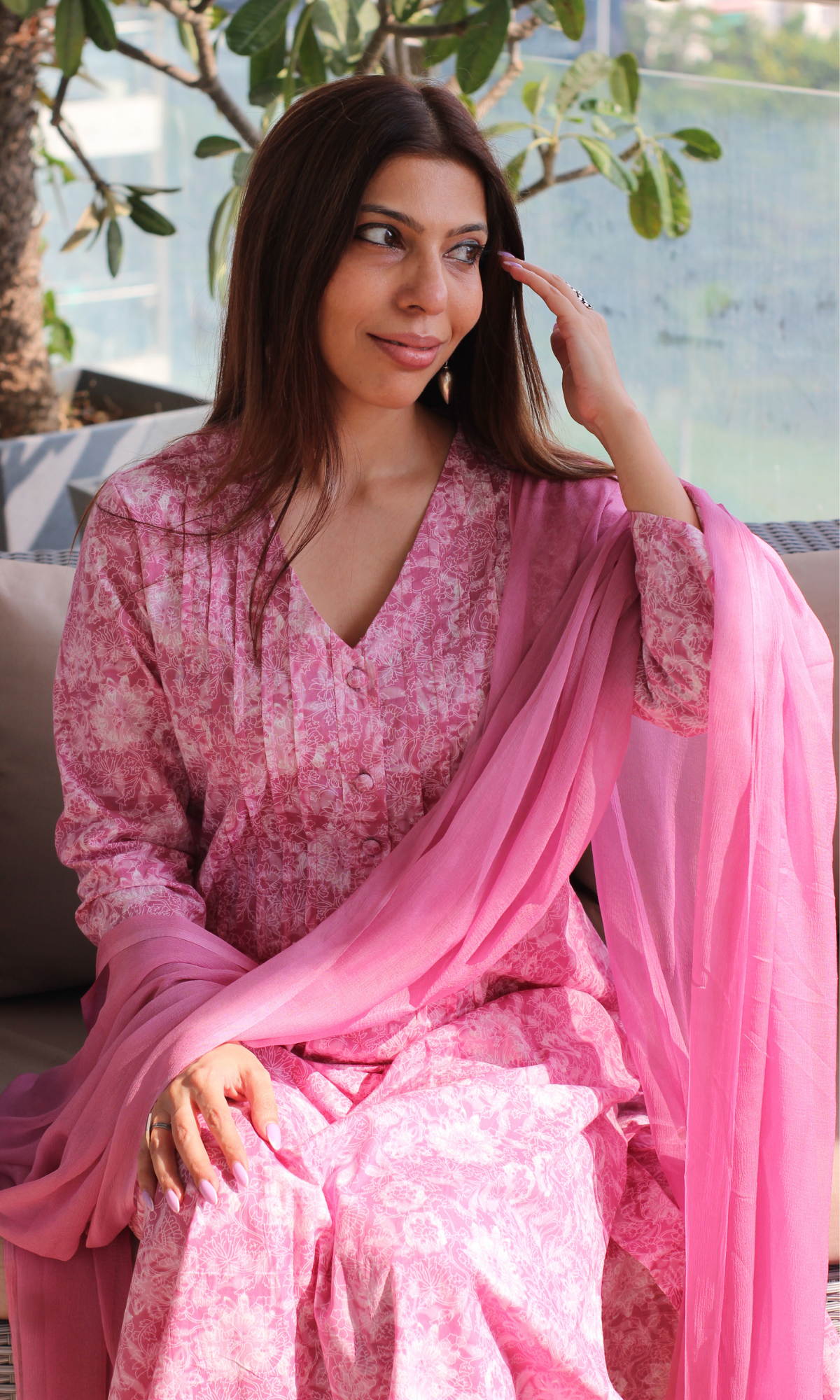 Cotton Blush Haze Pleated Neck Kurta, Pant & Chiffon Dupatta