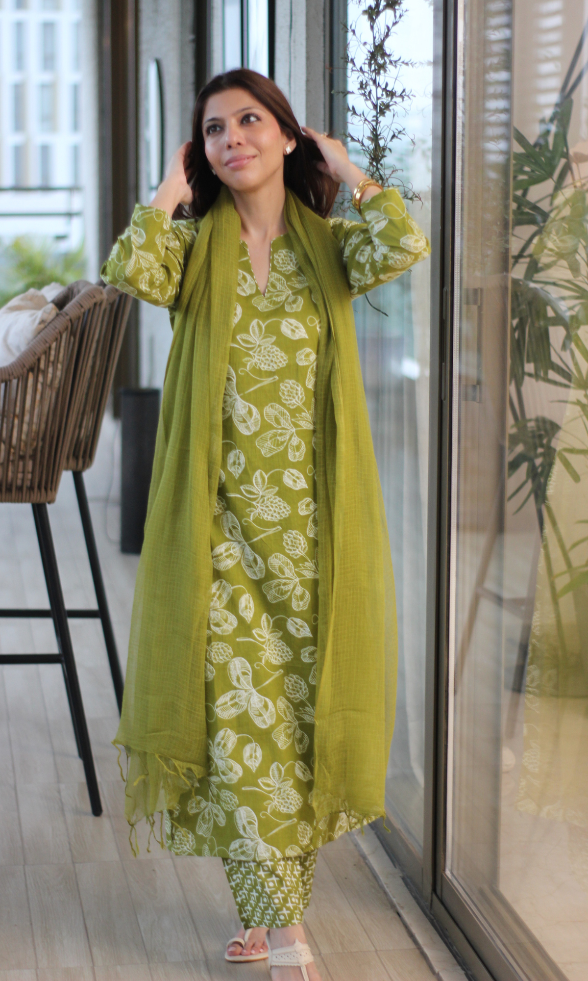 Sage Green Printed Kurta, Pant & Kota Doria Dupatta
