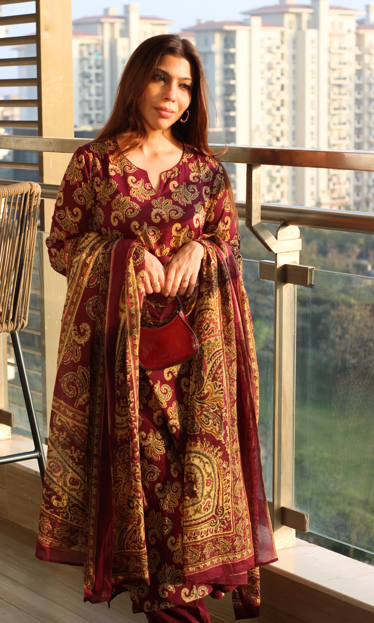 Burgundy Kashni Gul Printed Cotton Kurta, Dupatta & Afghani Style Pant