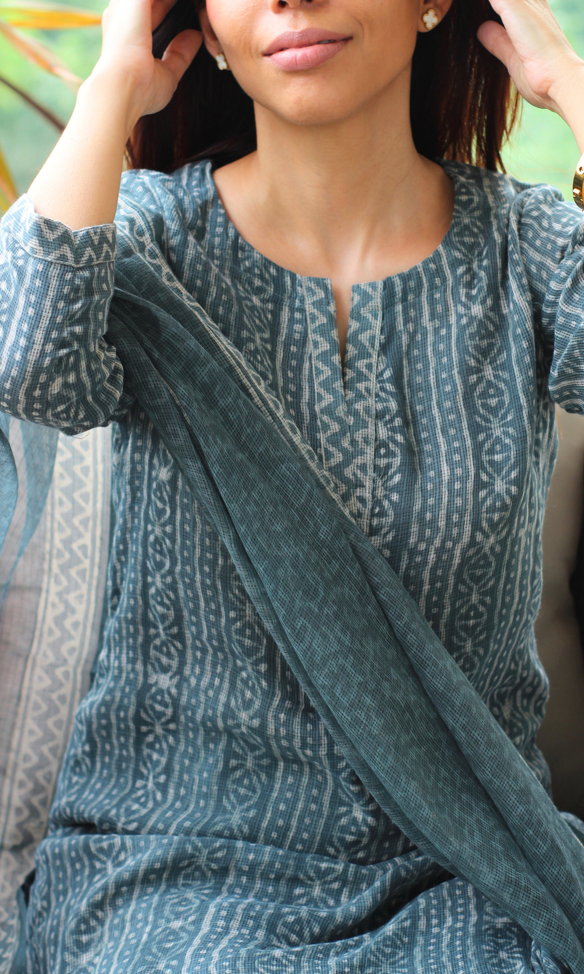 Kota Doria Charcoal Green Handblock Print Kurta, Dupatta with Cotton Pants