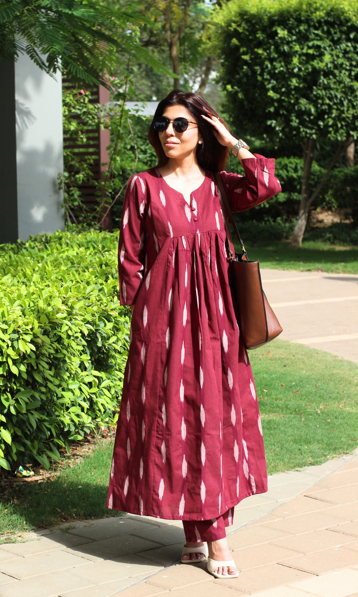 Cotton Wine Ikkat Pleated Co-ord