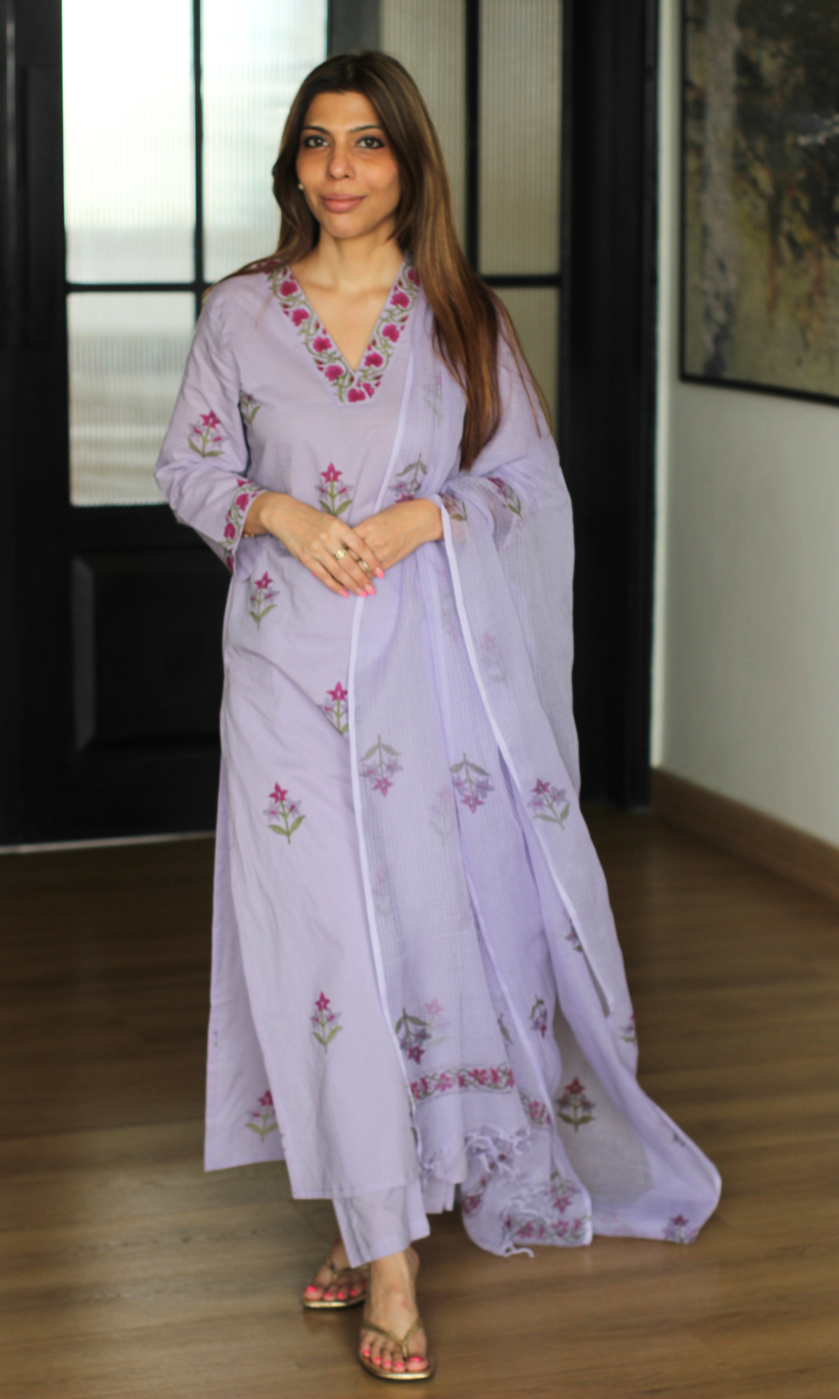 Kahani Mughal Lavender Cotton Kurta, Pant & Kota Doria Handblock Print Dupatta
