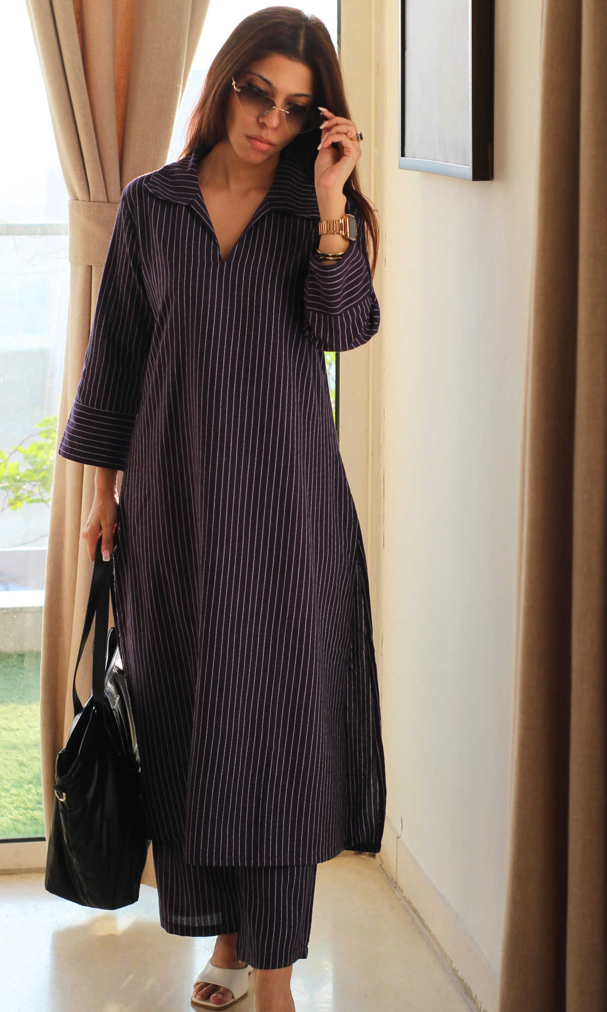 Purple Cotton Ikat Striped Kurta & Pants