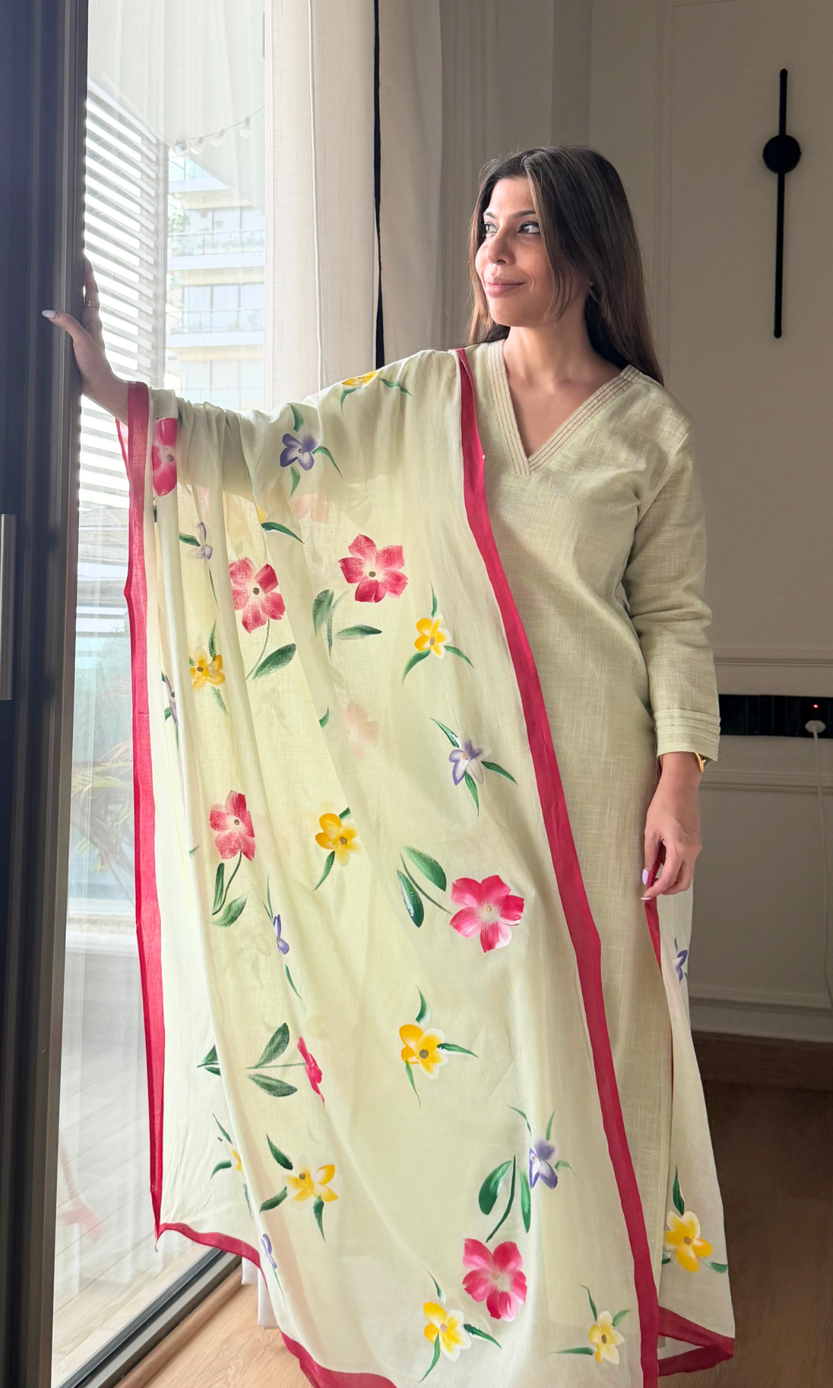 Lime Green Slub Black Laced Kurta, Pant & Mul Handpainted Dupatta