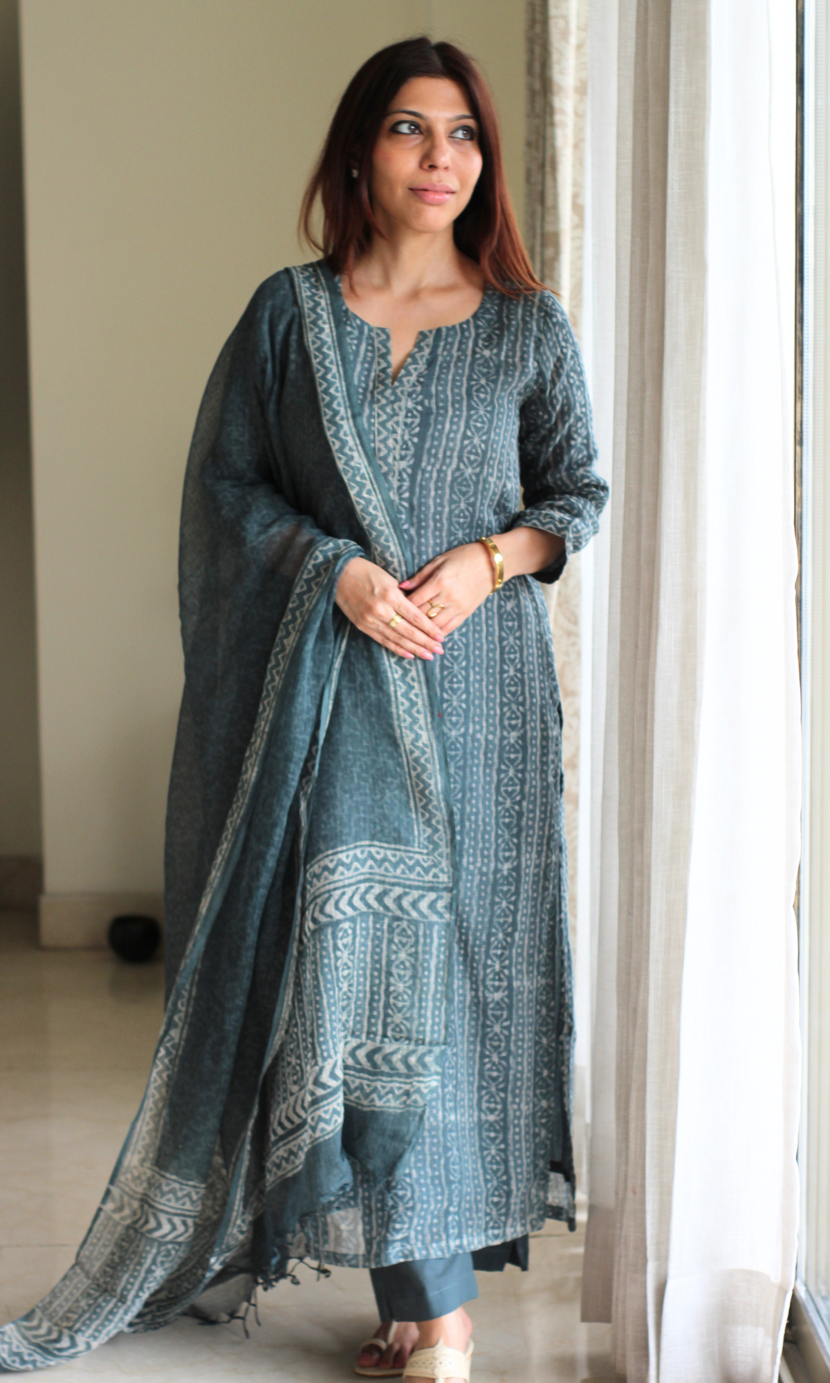 Kota Doria Charcoal Green Handblock Print Kurta, Dupatta with Cotton Pants