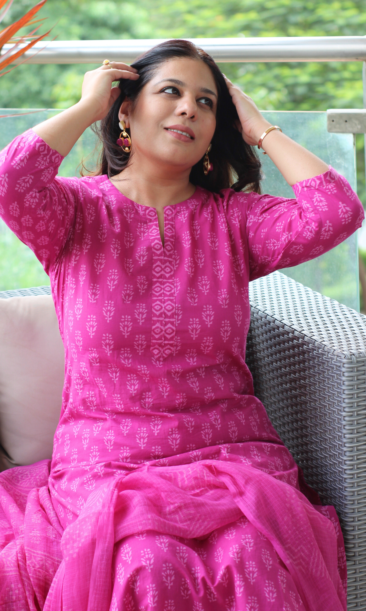 Hot Pink Cotton Hand Block Print Kurta , Kota Doria Printed Dupatta & Cotton Pant