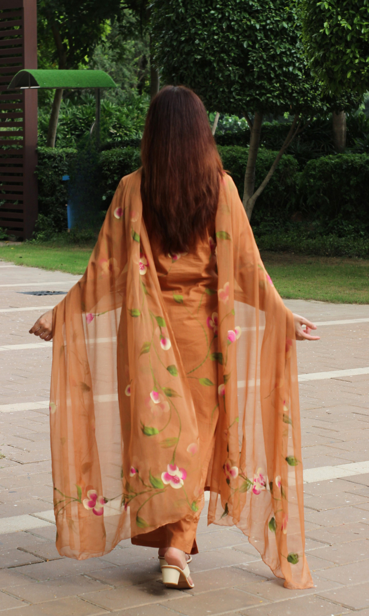 Rustic Orchid Hand Brush Painted Cotton Kurta, Pant & Hand Painted Chiffon Dupatta