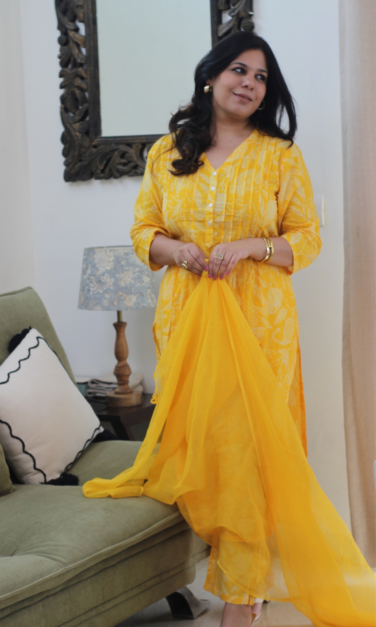 Yellow Paisley Pleated Kurta, Pant & Kota Doria Dupatta