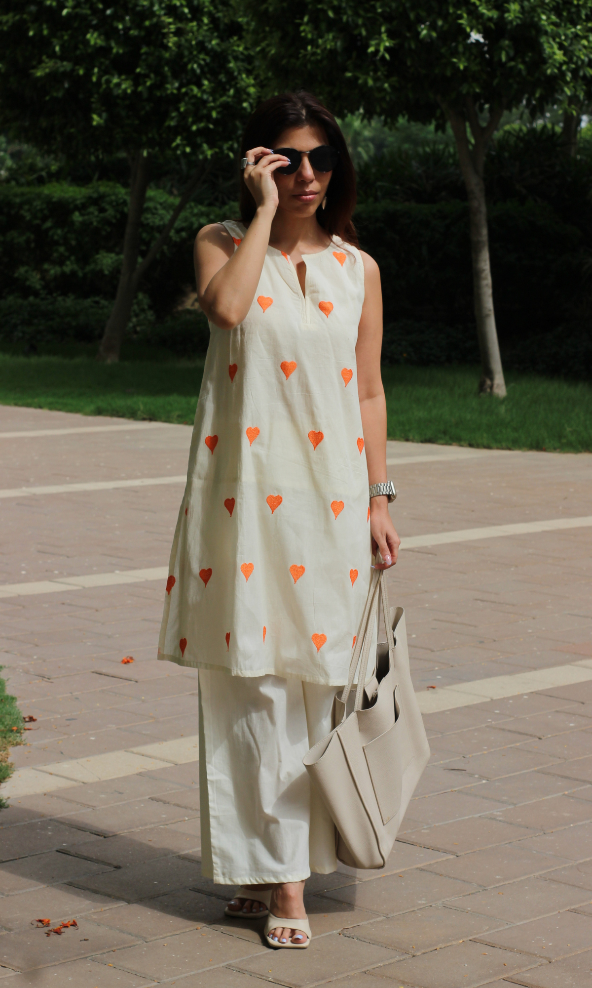 Cotton Ivory Tangerine Heart Embroidered Co-ord