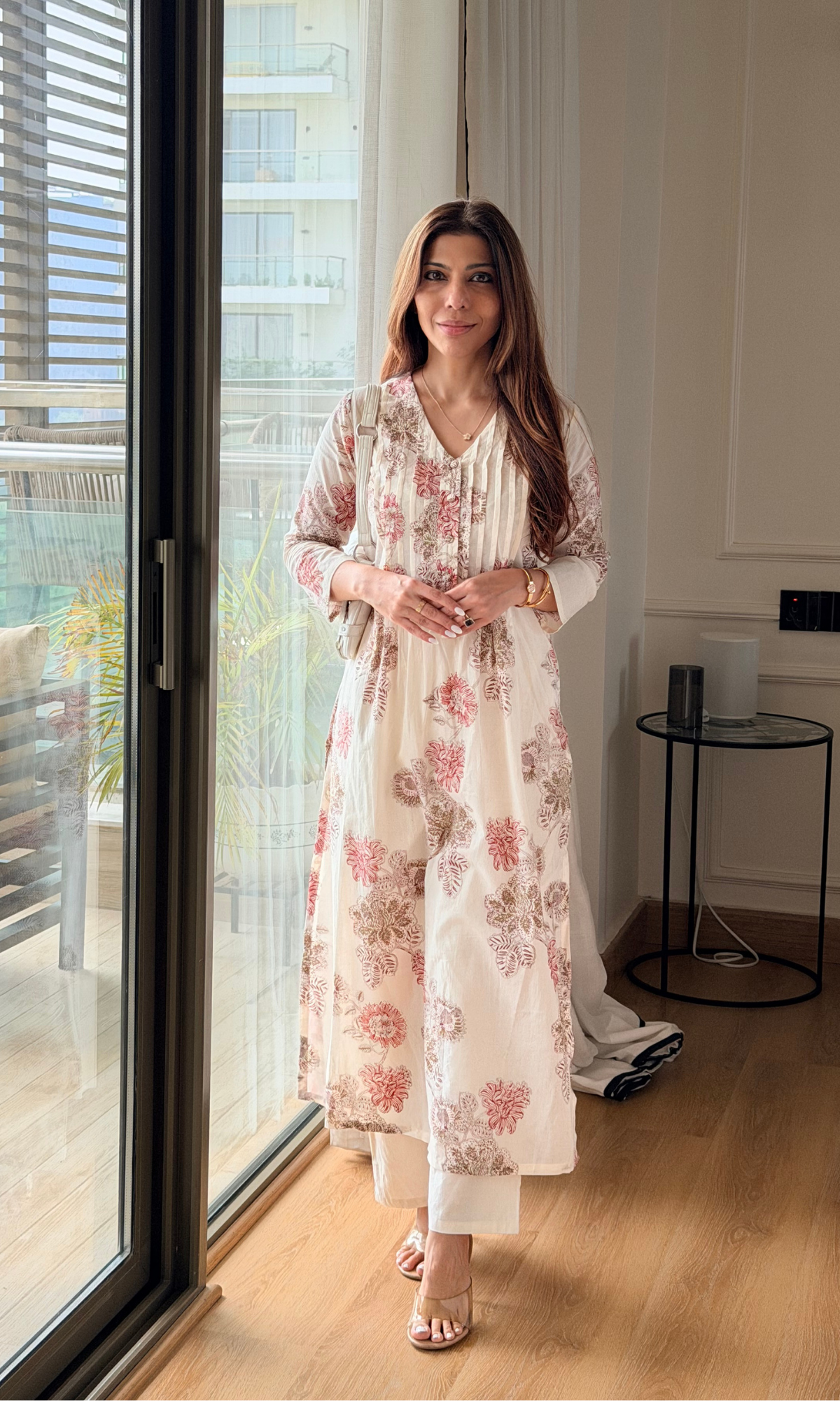 Off-white Dotted Floral Kurta & Cotton Pants