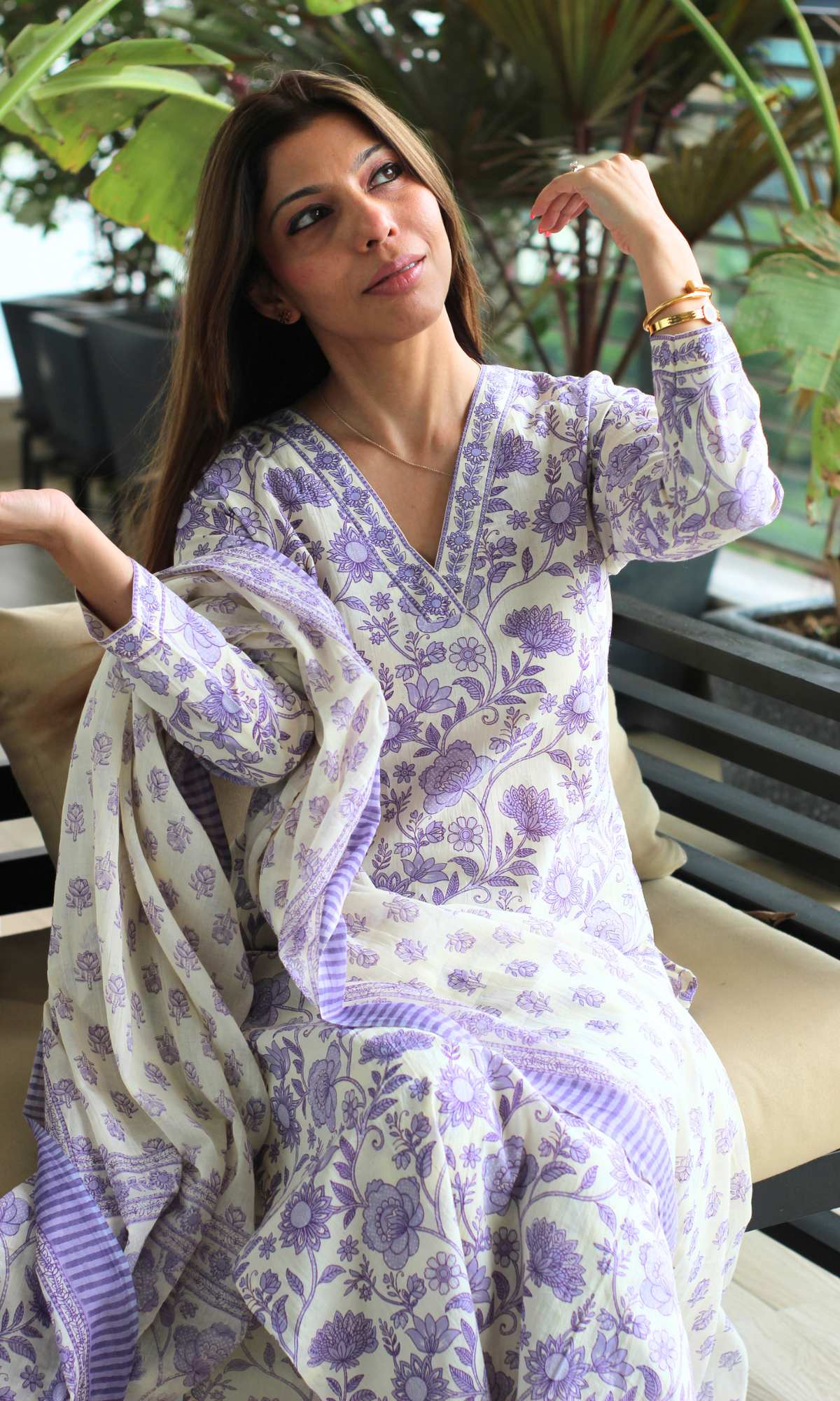 Lavender Garden Block Print Cotton Kurta, Pant and Mul Printed Dupatta