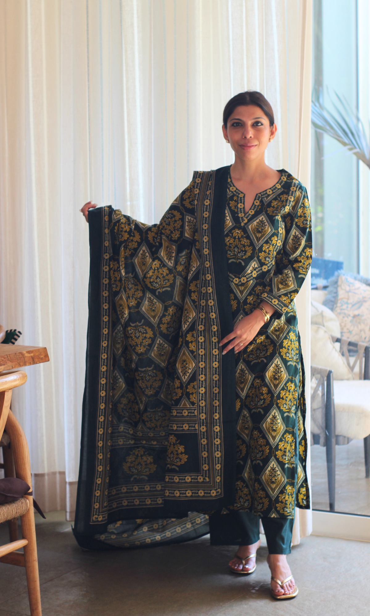 Deep Forest & Yellow Leaf Block Print Kurta, Dupatta & Cotton Pants