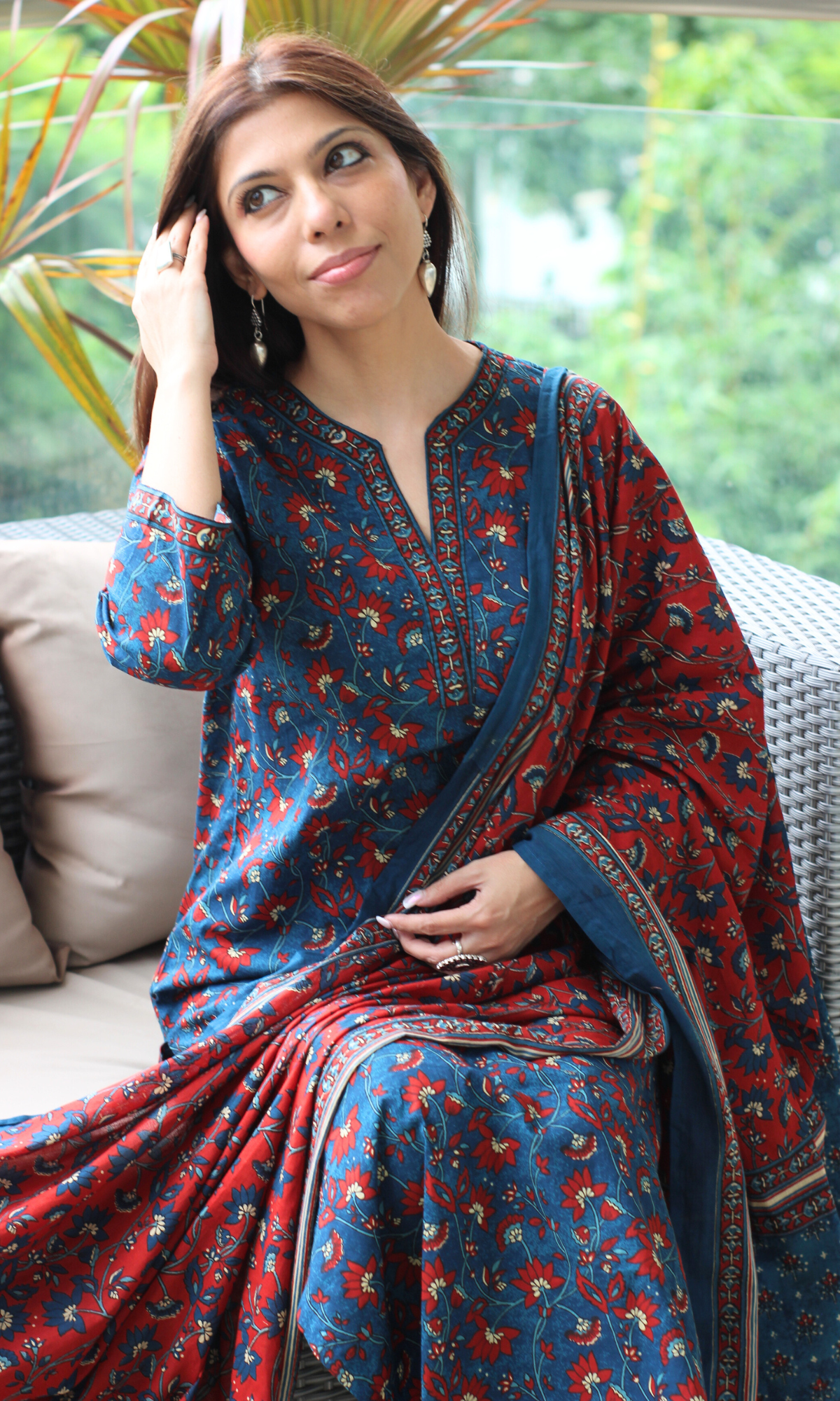 Neelam Blue & Red Block Printed Kurta , Dupatta & Cotton Pants