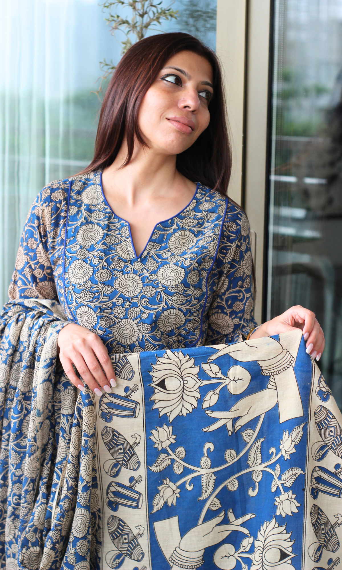 Cotton Neel Handblock Kalamkari Print Kurta, Dupatta & Cotton Pants