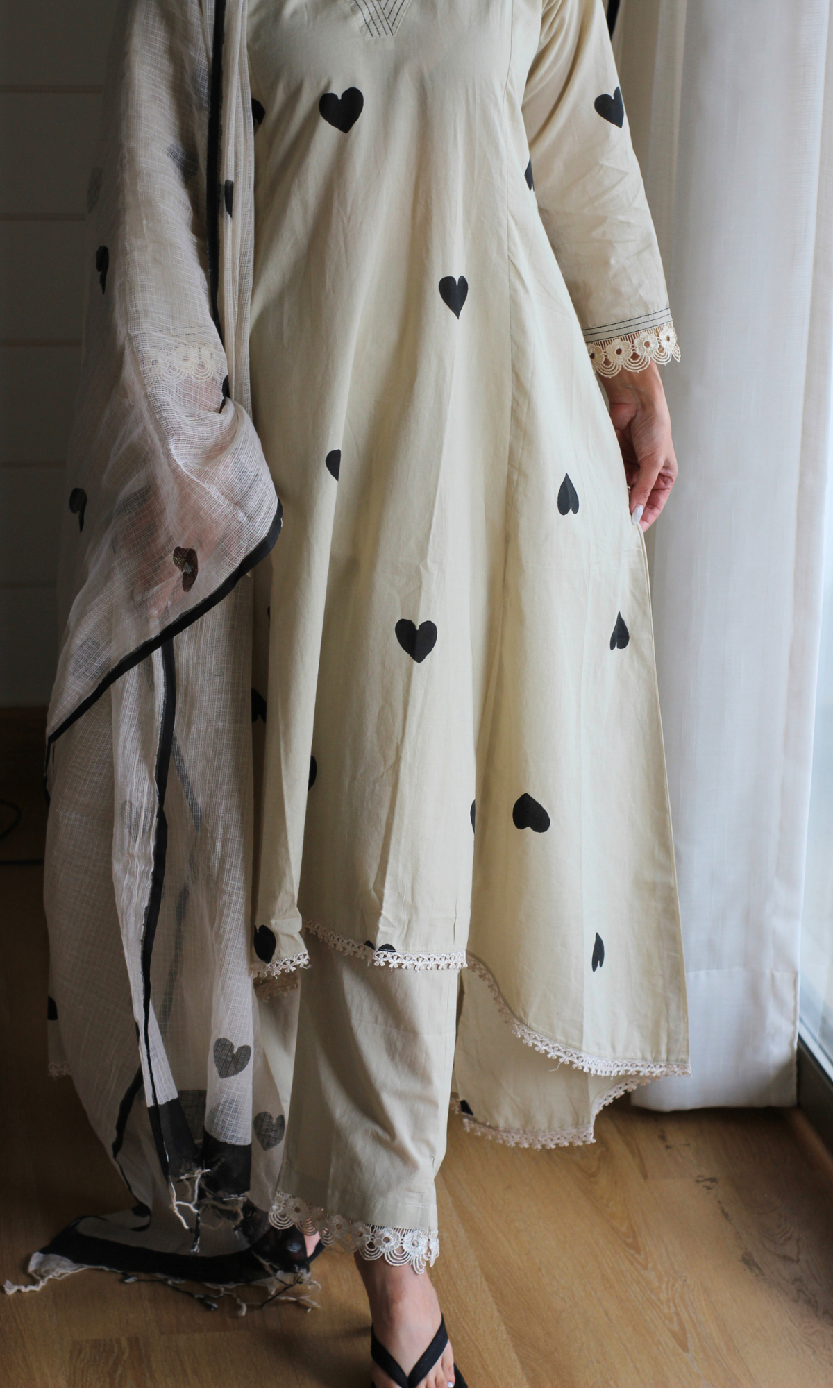 Noir Hearts laced Kurta, cotton pants and Kota Doria a Doria Dupatta