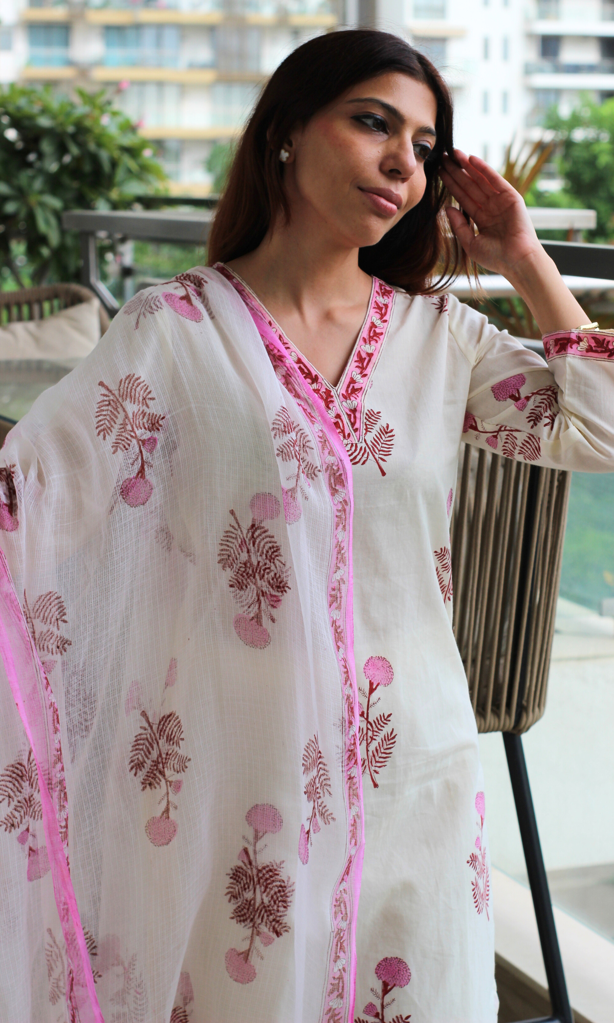 Ivory Rose Buta Mughal Print Cotton Kurta, Pant & Kota Doria Printed Dupatta