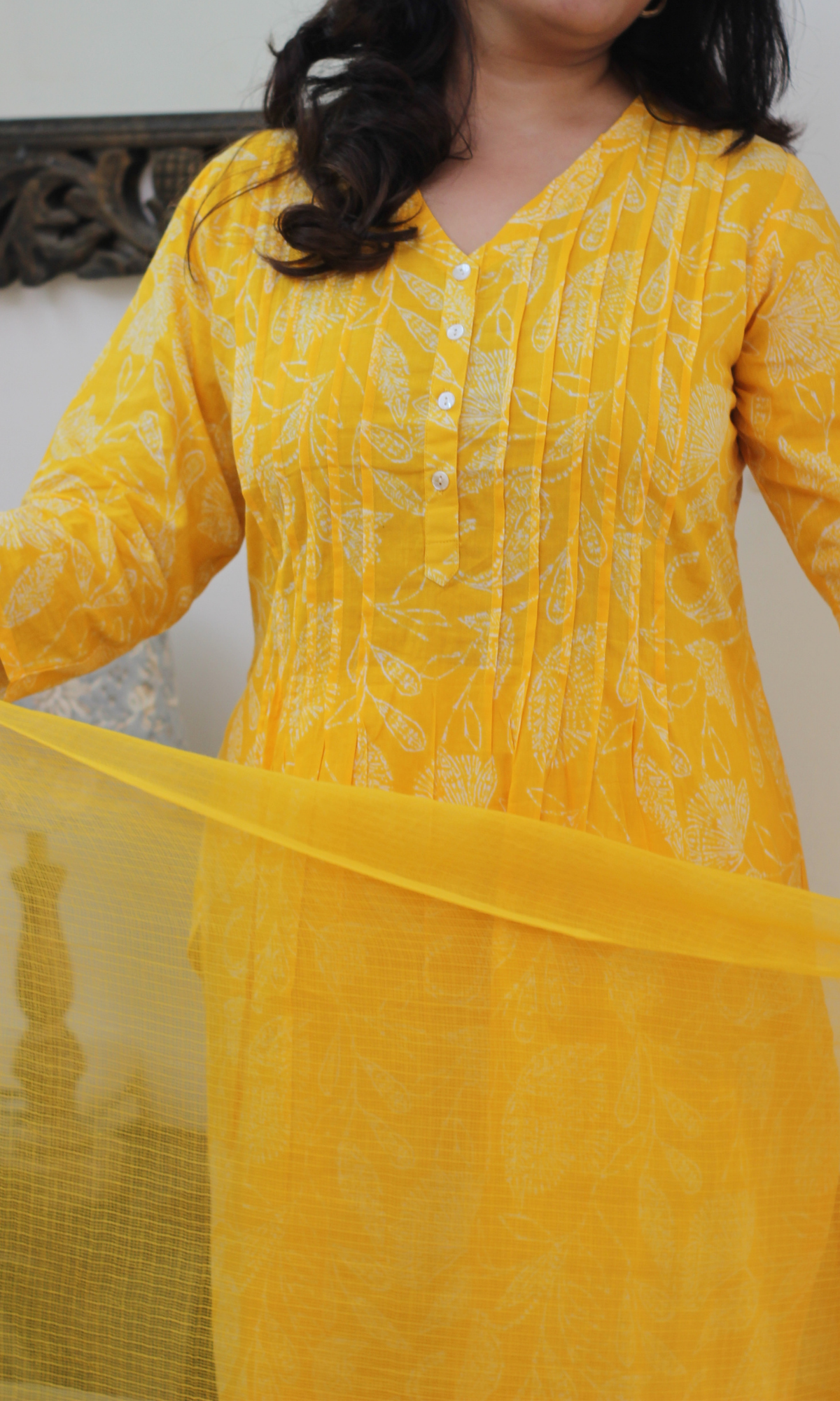 Yellow Paisley Pleated Kurta, Pant & Kota Doria Dupatta