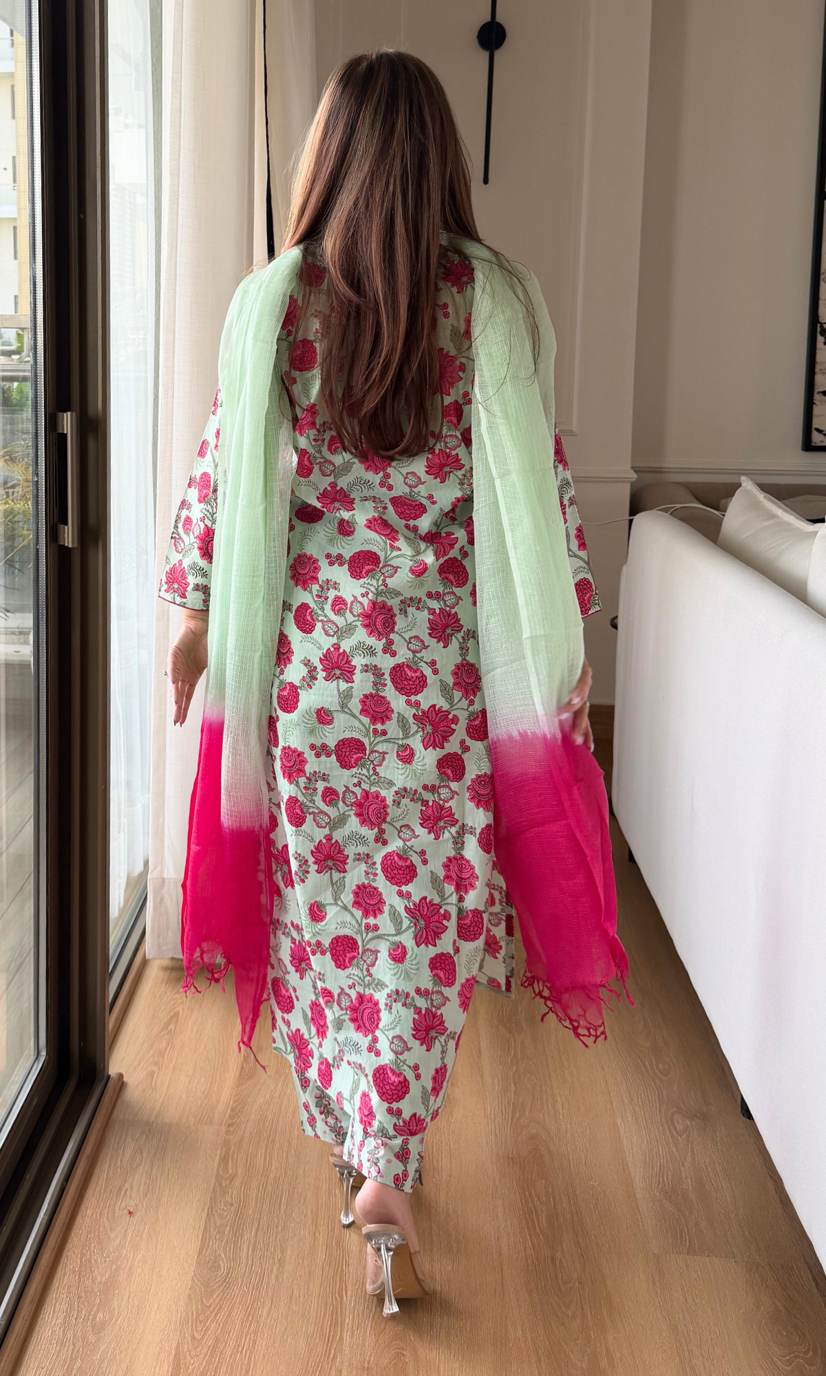 Cotton Dew Green & Pink Floral Block Printed Kurta, Pant & Kota Doria Ombre Dupatta