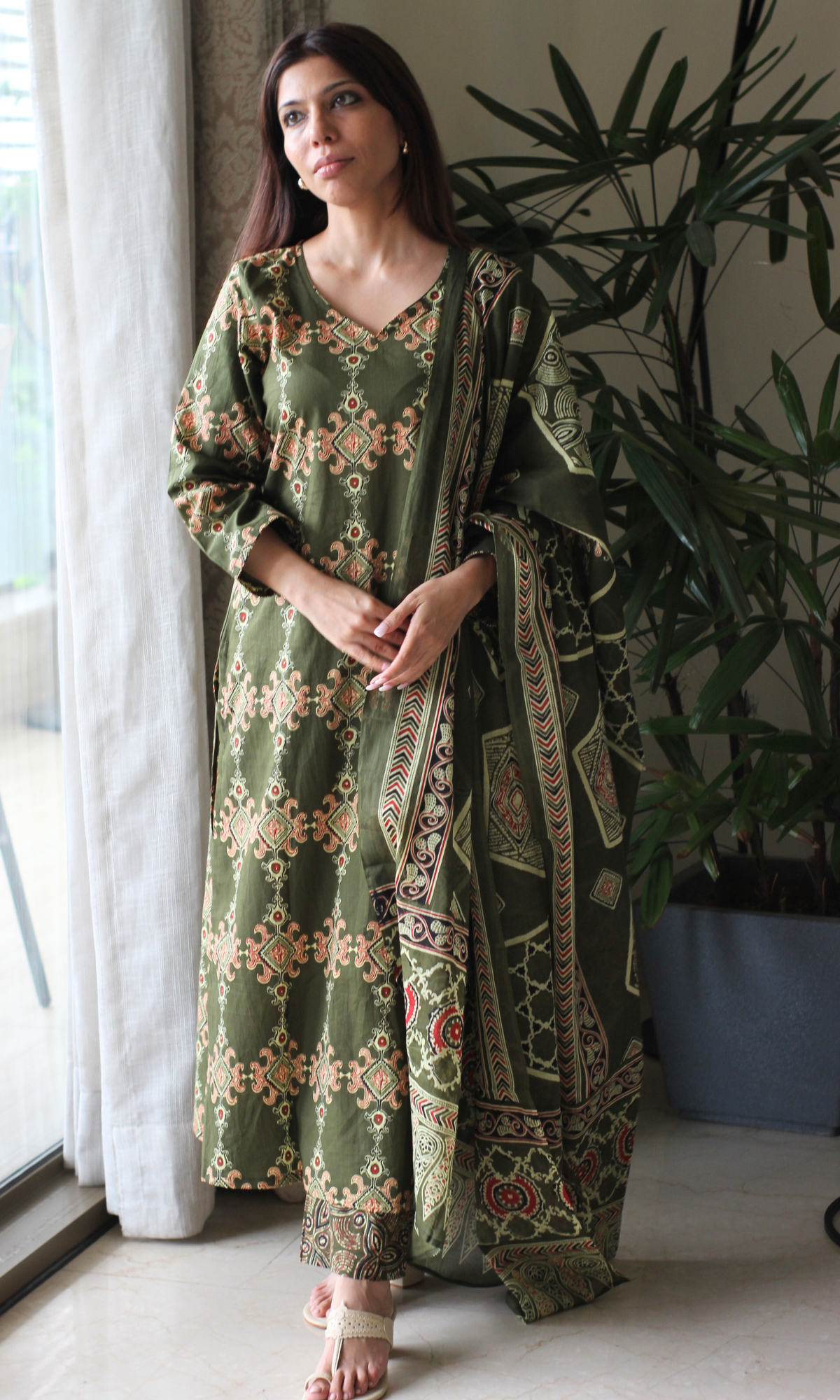 Rustic Olive Cotton Block Printed Kurta, Pant & Dupatta