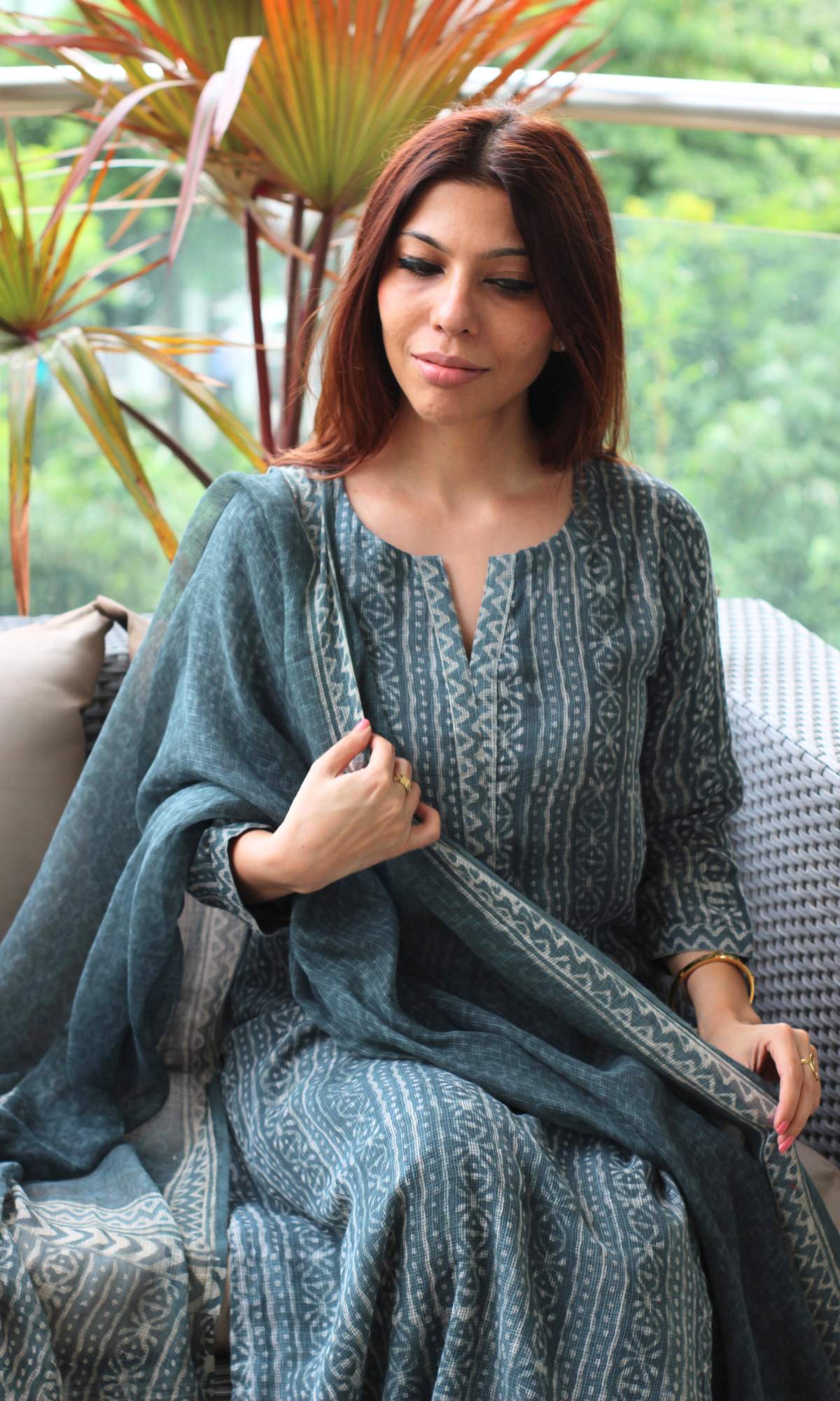 Kota Doria Charcoal Green Handblock Print Kurta, Dupatta with Cotton Pants