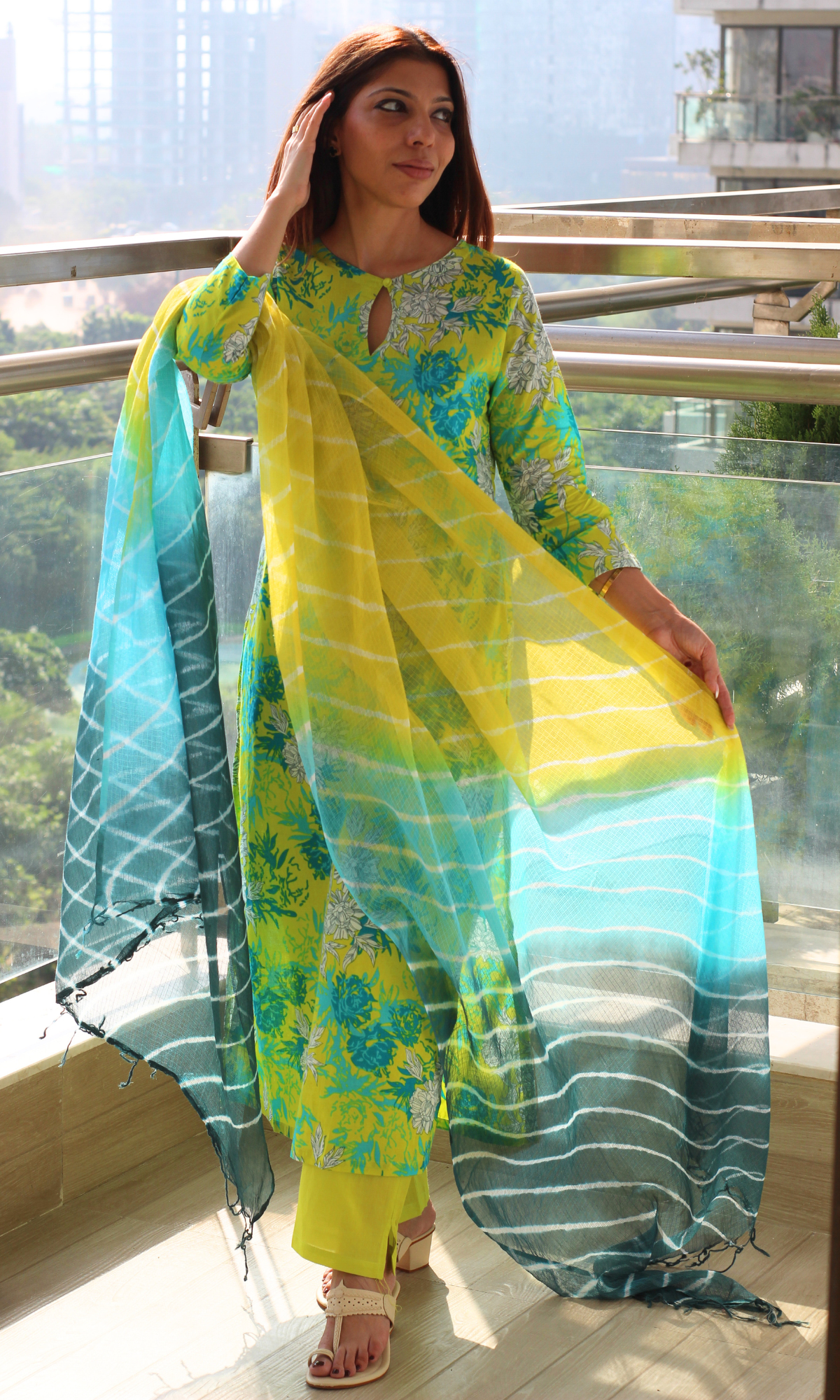 Cotton Lime Aqua Floral Print Kurta, Solid Pants & Lehariya Kota Dupatta