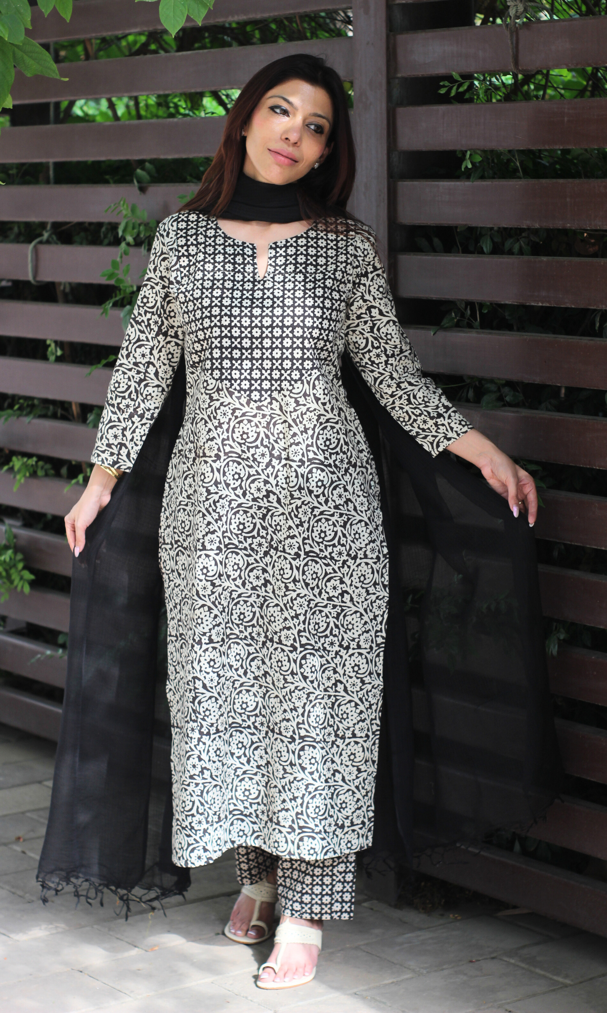 Cotton Handblock Black Bagru Print Suit with Kota Doria Dupatta