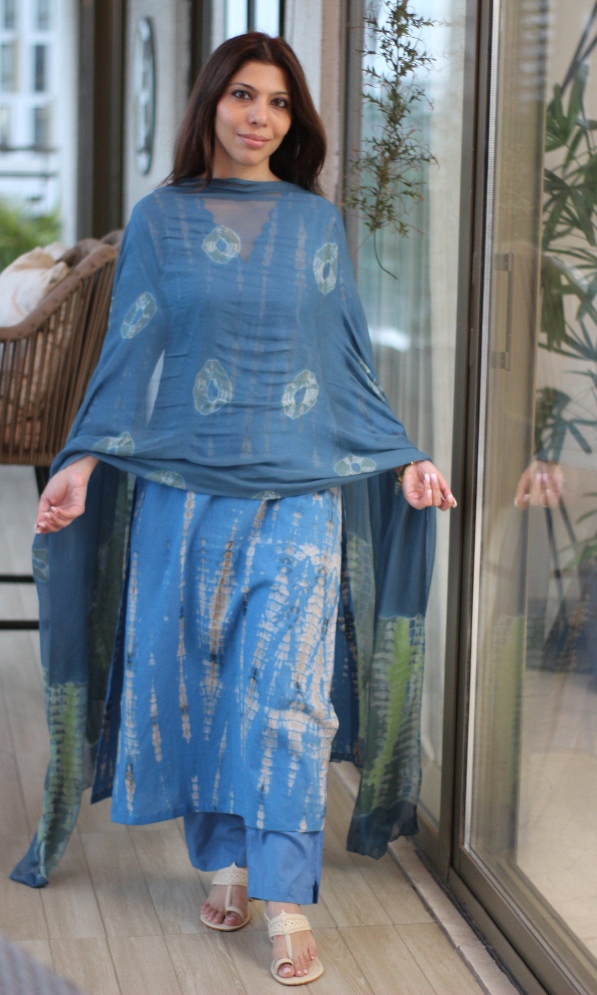 Sea Blue Tie & Dye Kurta, Cotton Pants and Printed Chiffon Dupatta