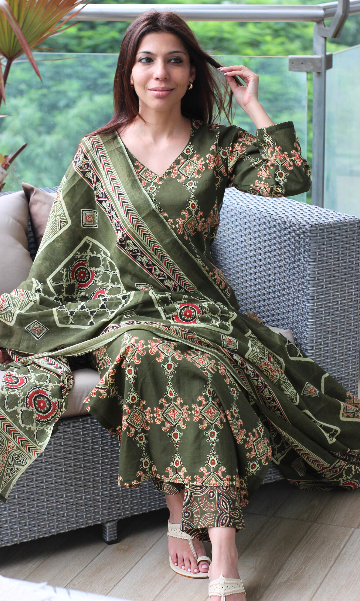 Rustic Olive Cotton Block Printed Kurta, Pant & Dupatta