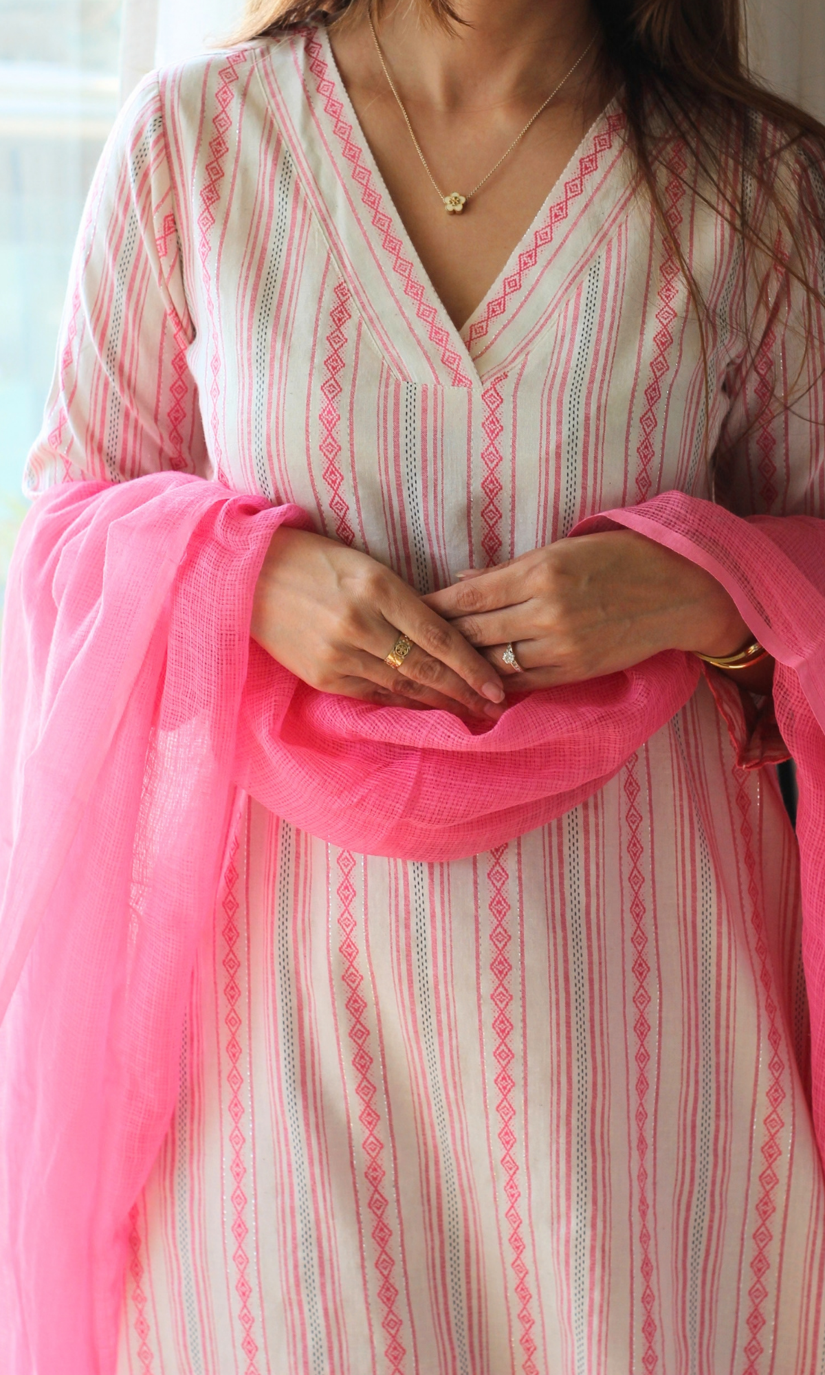 Off white & Pink Lurex Kurta, Cotton Pants & Kota Doria Dupatta