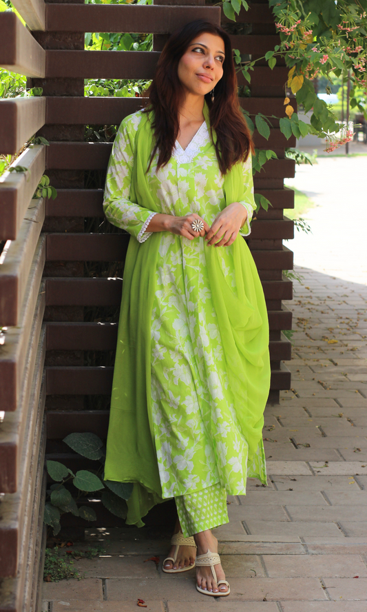 Cotton Lawn Green Botanica Printed Suit with Chiffon Dupatta