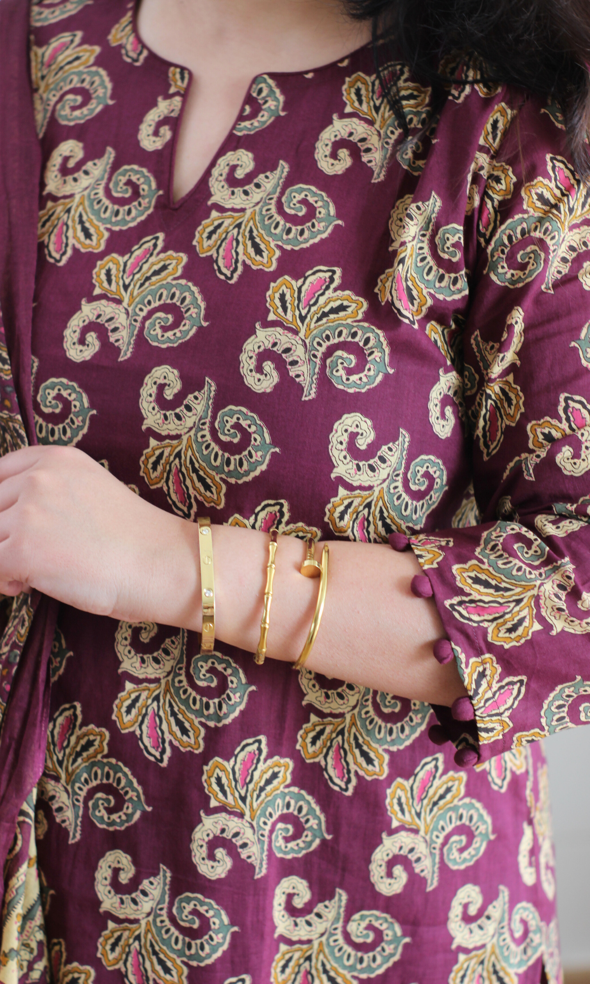 Burgundy Kashni Gul Printed Cotton Kurta, Dupatta & Afghani Style Pant