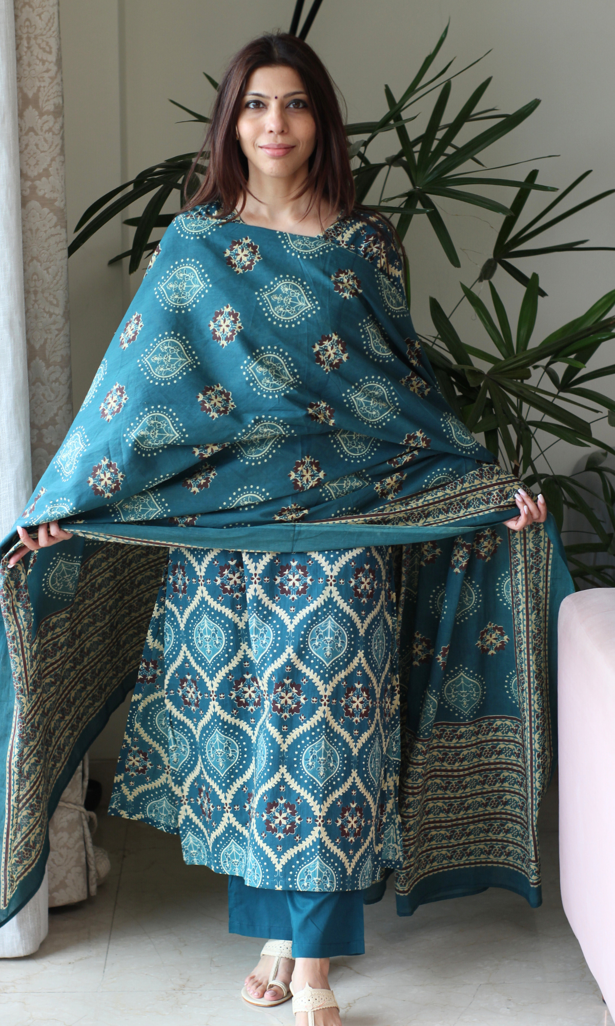 Teal Royale Ajrakh Print Cotton Kurta, Dupatta & Plain Pants