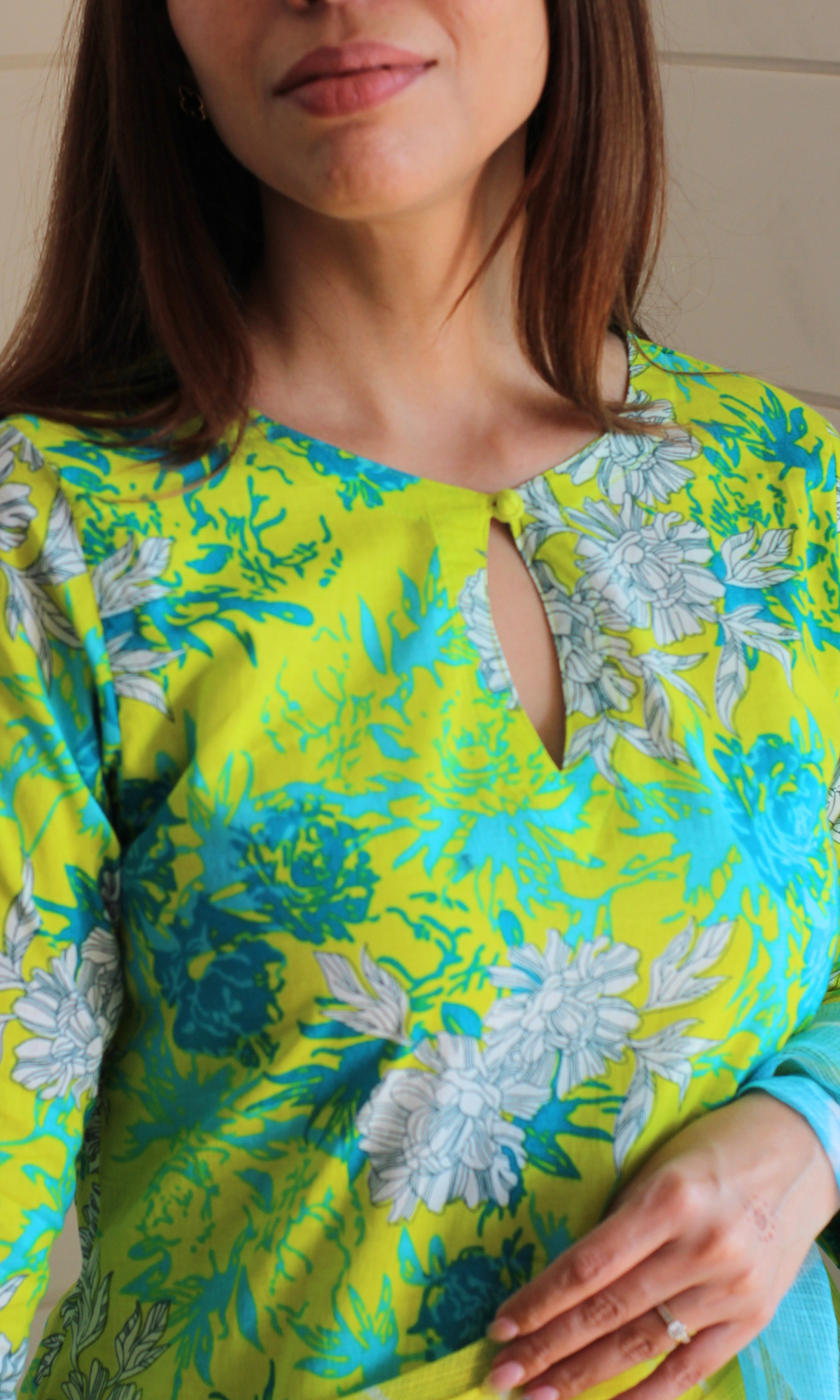 Cotton Lime Aqua Floral Print Kurta, Solid Pants & Lehariya Kota Dupatta