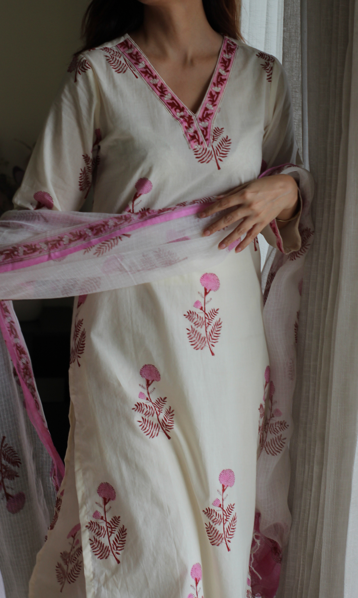 Ivory Rose Buta Mughal Print Cotton Kurta, Pant & Kota Doria Printed Dupatta