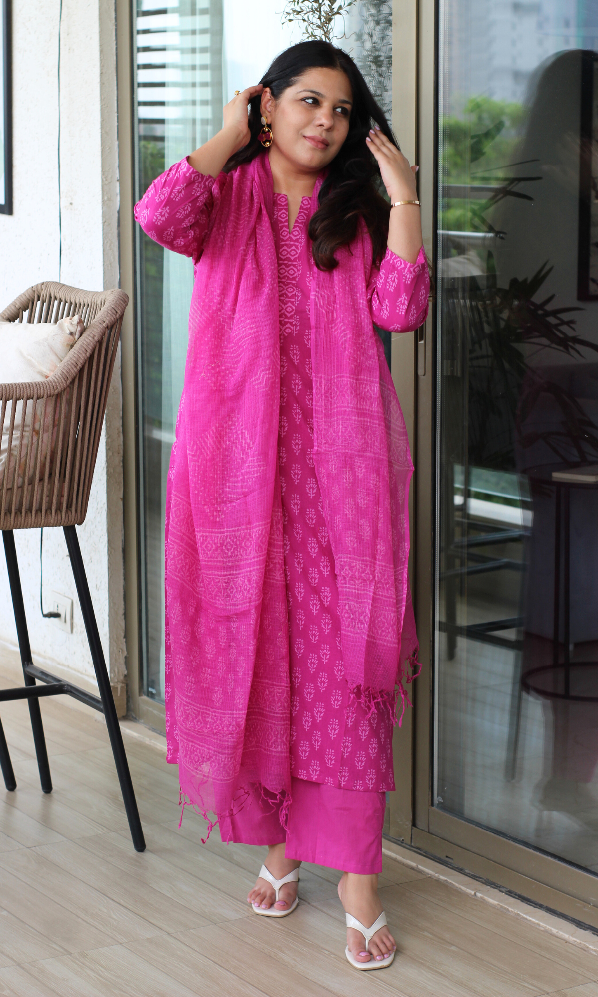 Hot Pink Cotton Hand Block Print Kurta , Kota Doria Printed Dupatta & Cotton Pant