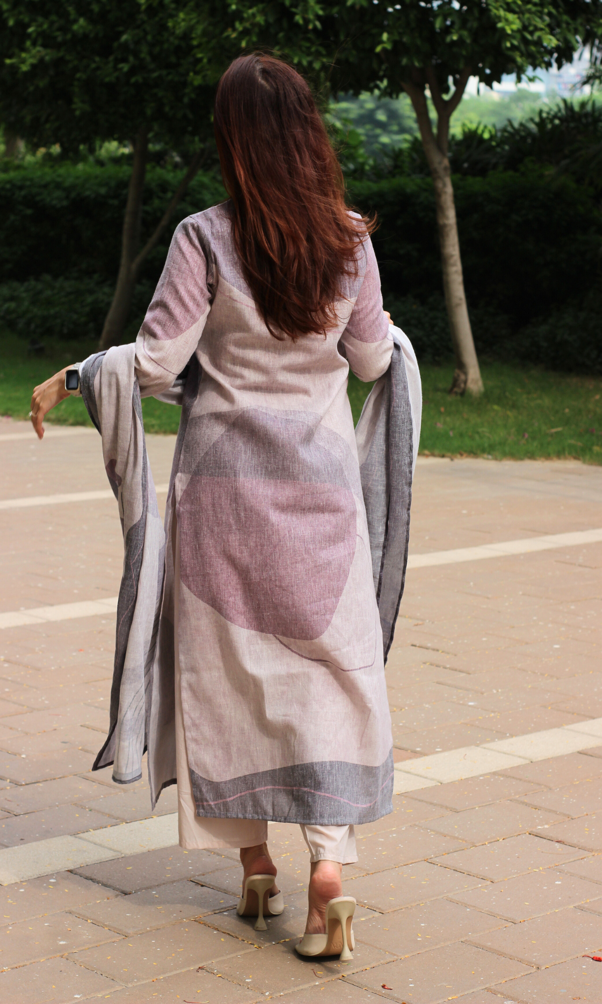Linen Blend Purple Basil Abstract Print Kurta , Dupatta with Cotton Pants