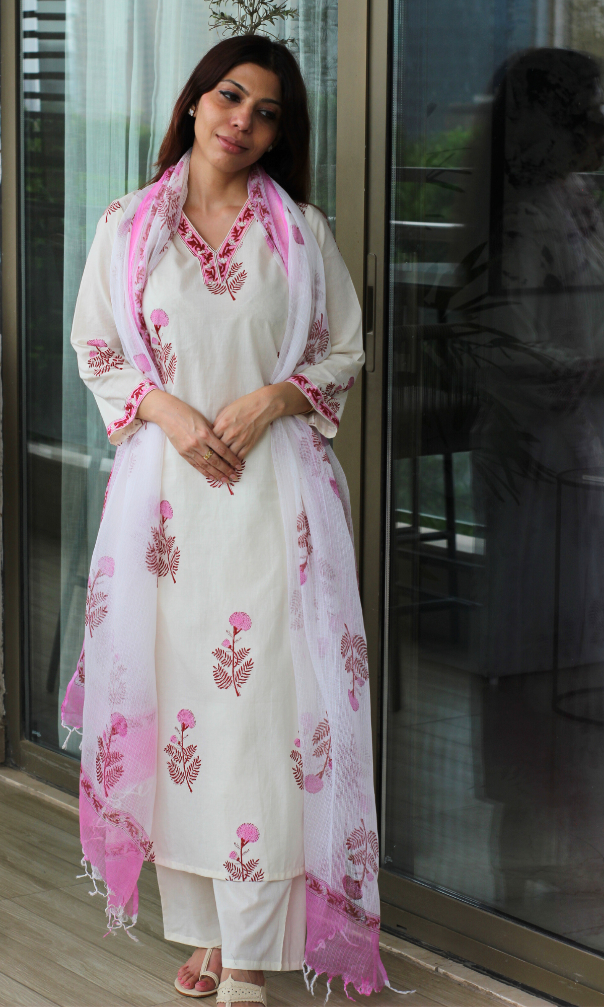 Ivory Rose Buta Mughal Print Cotton Kurta, Pant & Kota Doria Printed Dupatta
