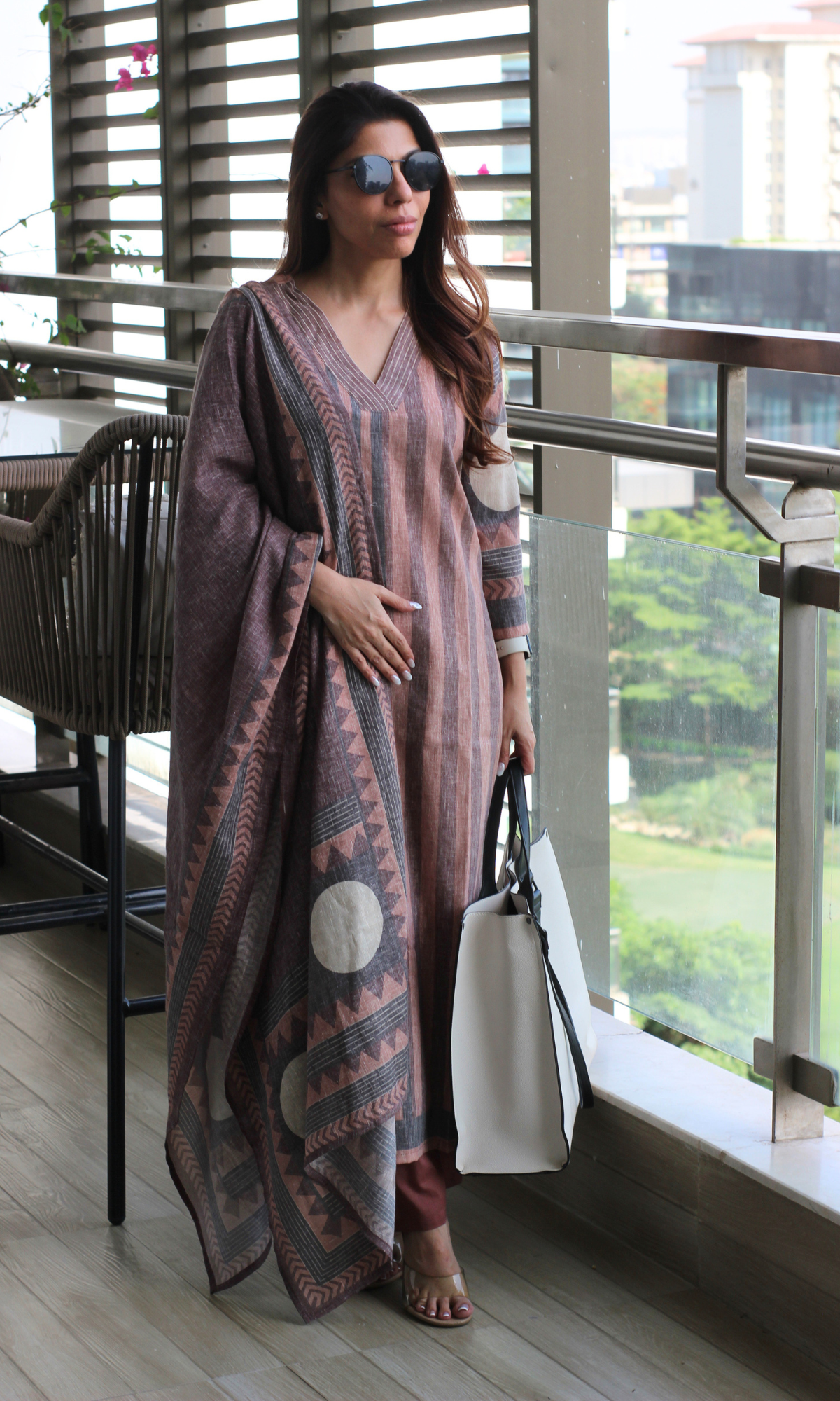 Linen Blend Mocha Striped Print Kurta ,Dupatta with Cotton Pants