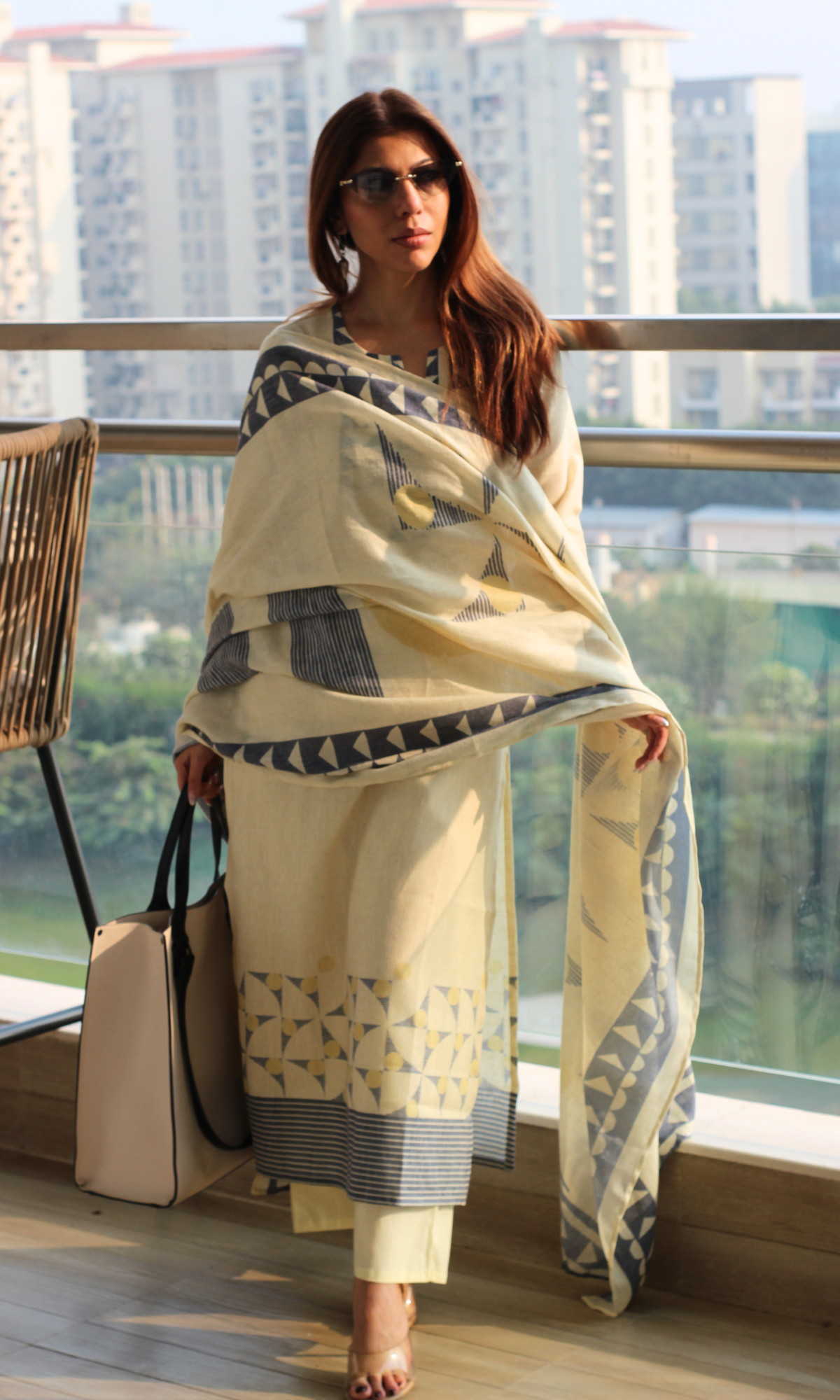 Linen Blend Butter Yellow Abstract Print Kurta , Dupatta & Cotton Pants