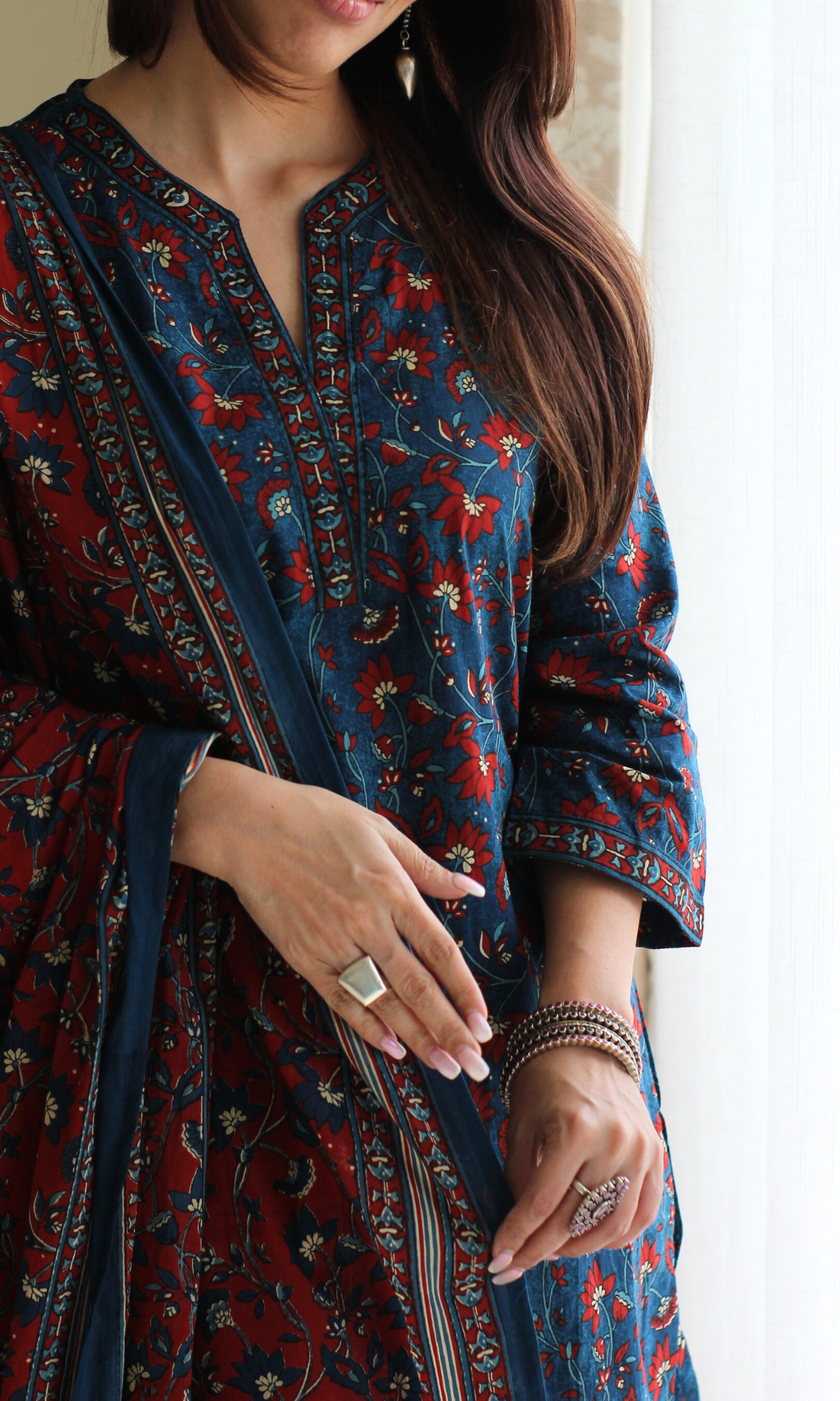 Neelam Blue & Red Block Printed Kurta , Dupatta & Cotton Pants
