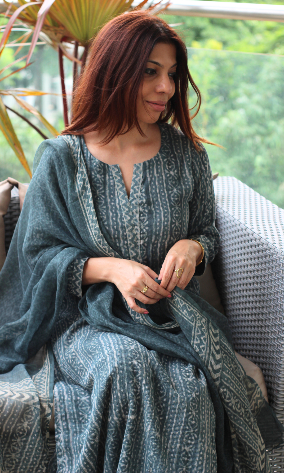 Kota Doria Charcoal Green Handblock Print Kurta, Dupatta with Cotton Pants