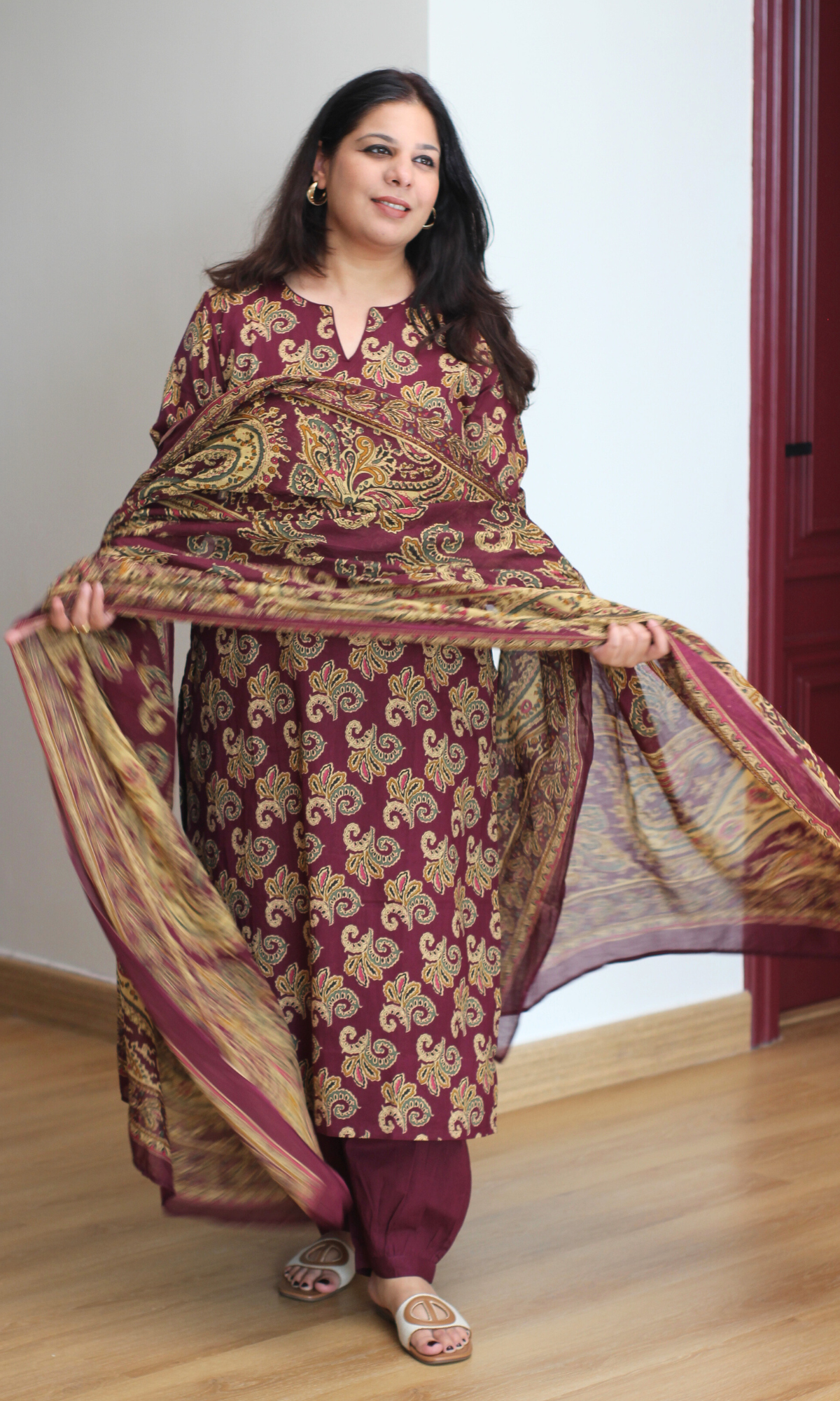 Burgundy Kashni Gul Printed Cotton Kurta, Dupatta & Afghani Style Pant