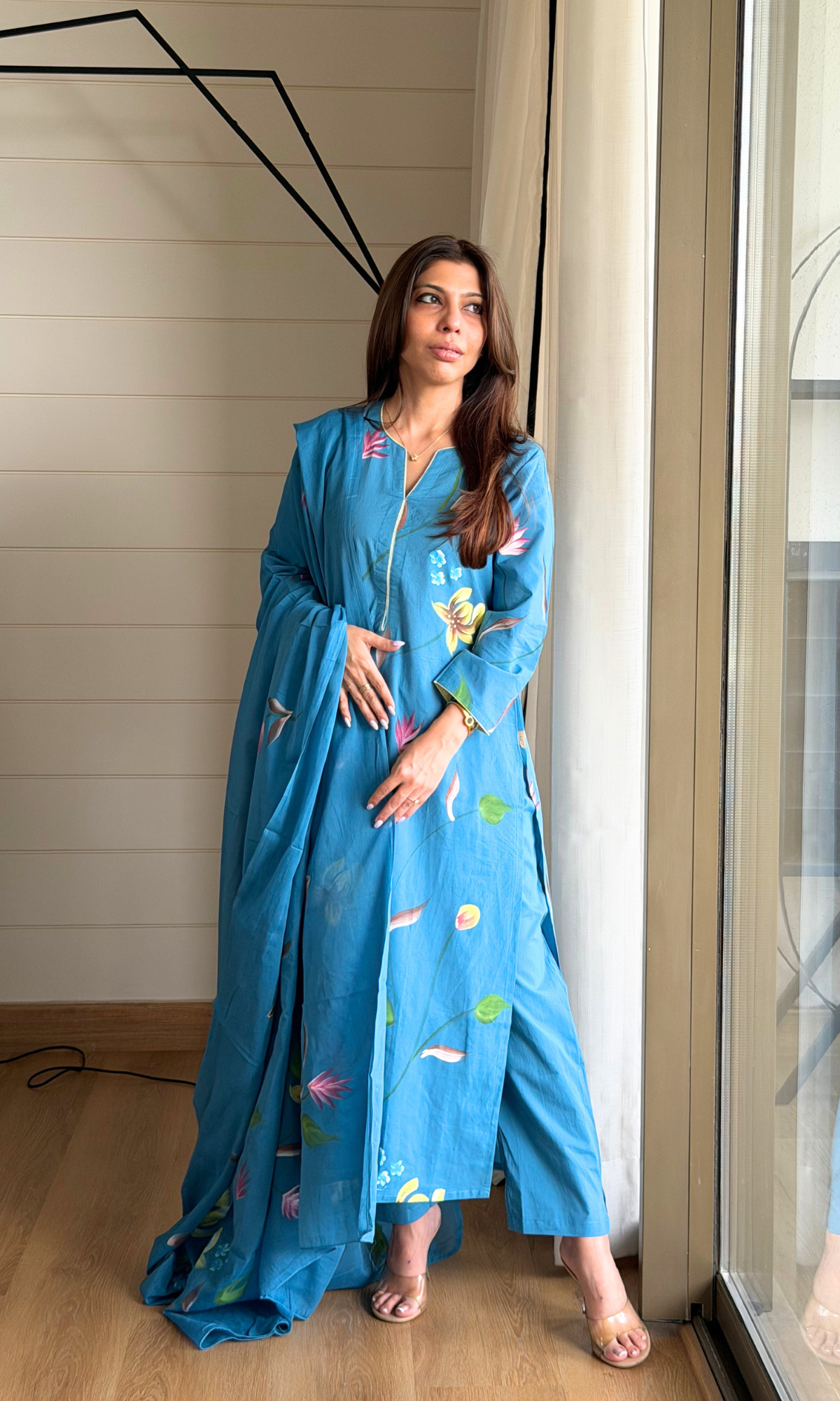 Nile Blue Handbrush Painted Kurta, Cotton Pants & Handpainted Dupatta