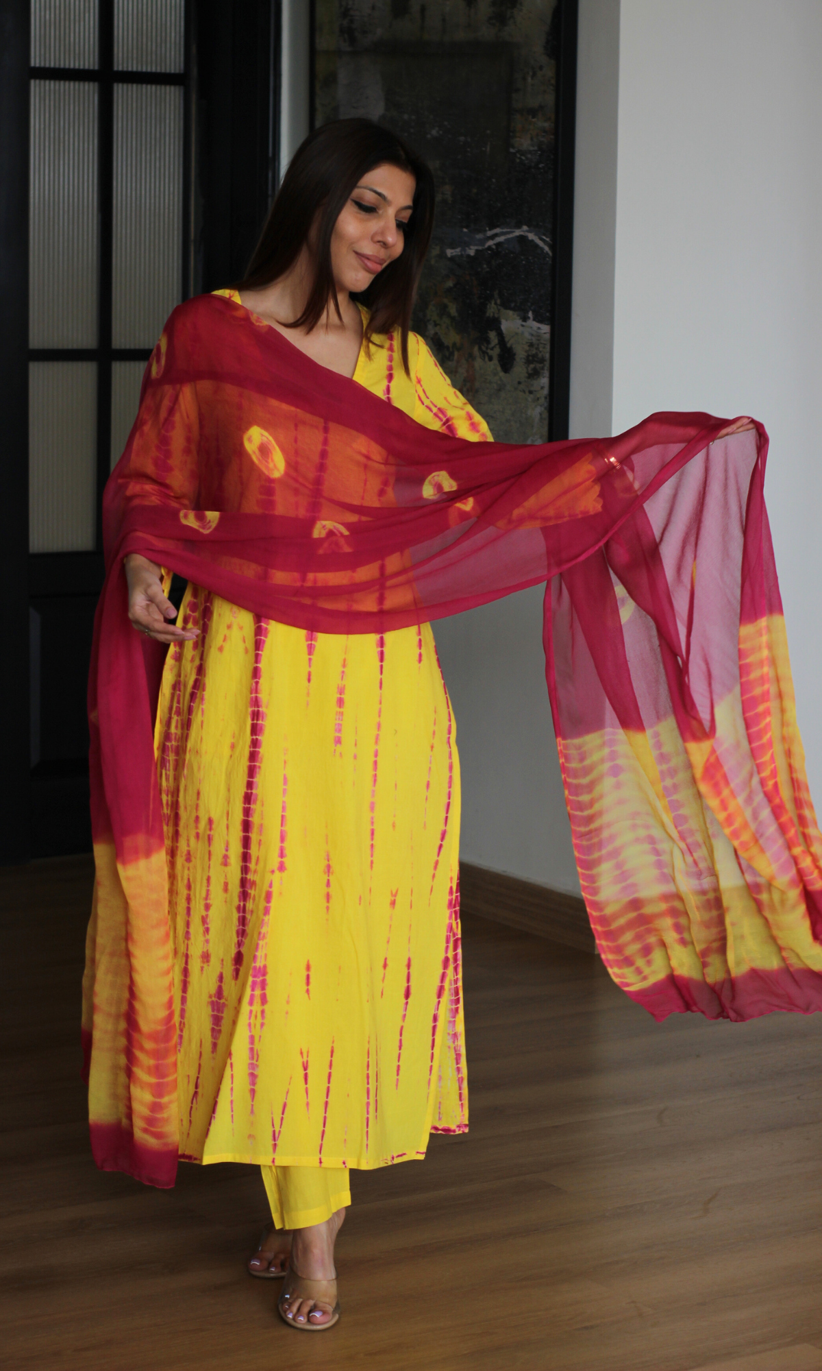 Cotton Yellow & Pink Tie & Dye Kurta, Pants & Chiffon Dupatta
