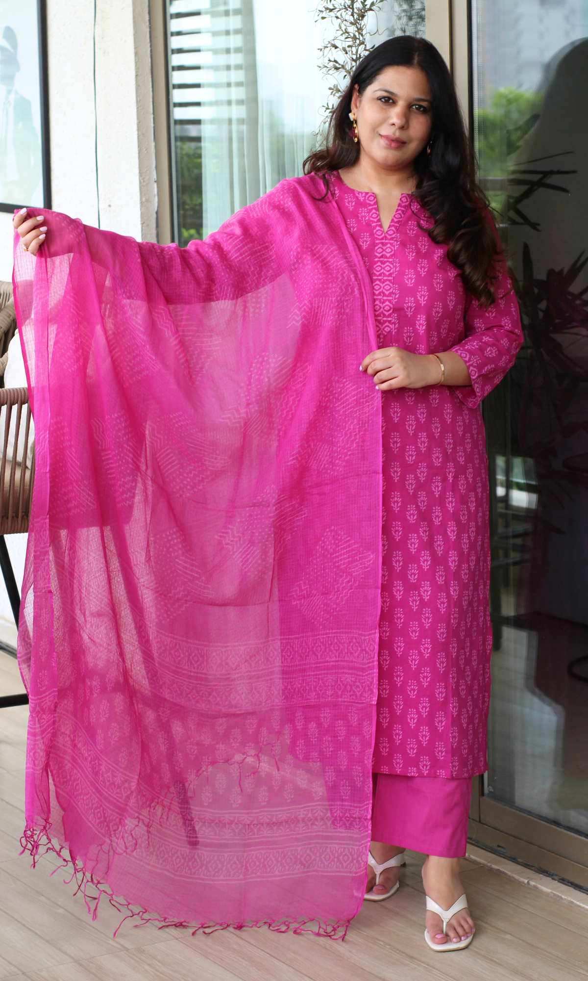 Hot Pink Cotton Hand Block Print Kurta , Kota Doria Printed Dupatta & Cotton Pant