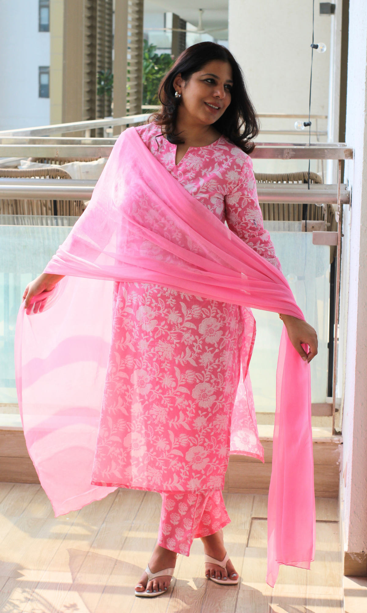 Pink Zara Cotton Printed Kurta, Pant & Chiffon Dupatta