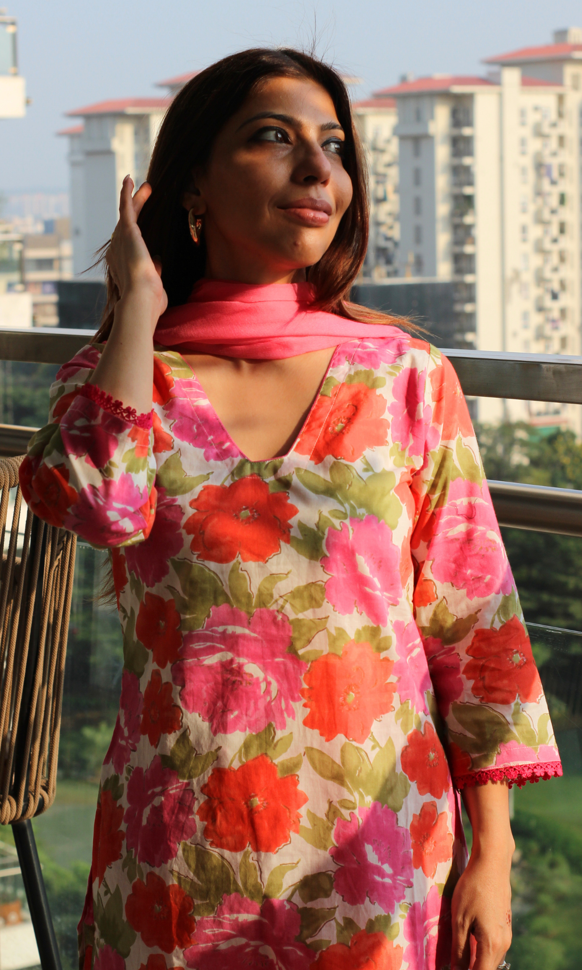 Pink Orchard Printed Kurta, Cotton Pants and Chiffon Dupatta with Tassels