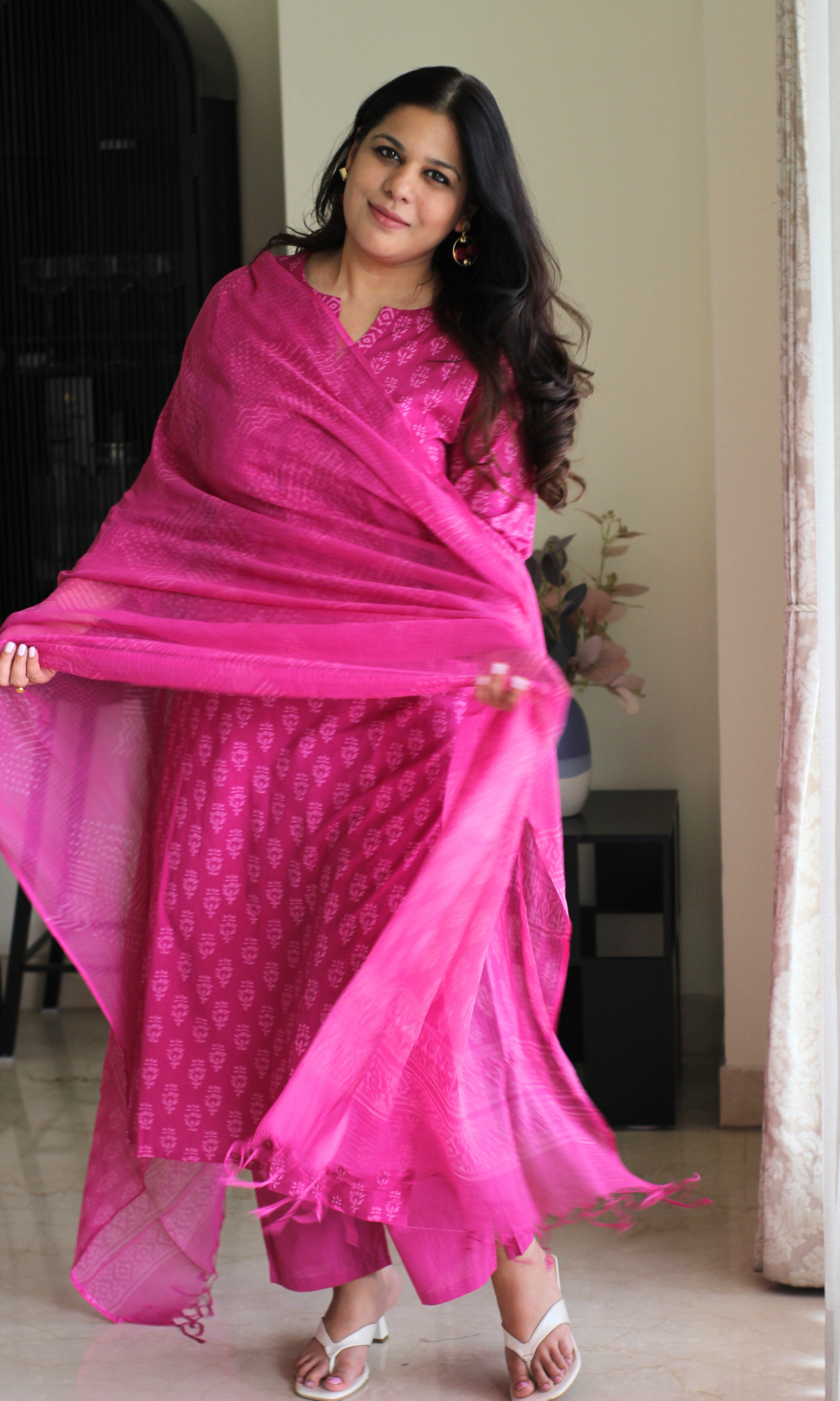 Hot Pink Cotton Hand Block Print Kurta , Kota Doria Printed Dupatta & Cotton Pant