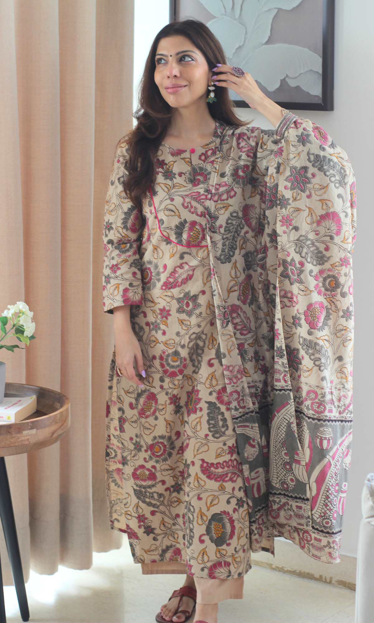 Cotton Beige & Pink Kalamkari Kurta, Cotton Pant & Cotton Kalamkari Dupatta