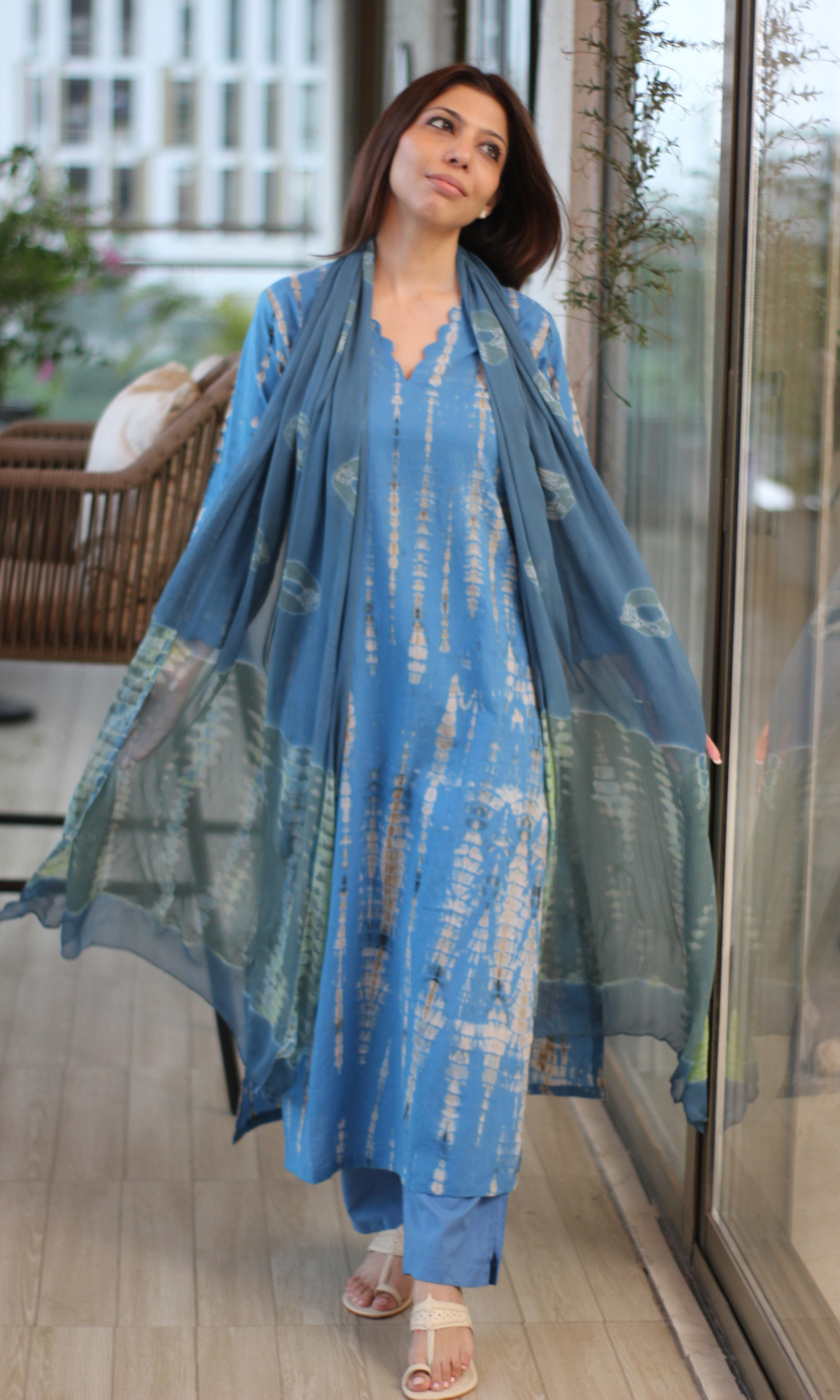 Sea Blue Tie & Dye Kurta, Cotton Pants and Printed Chiffon Dupatta